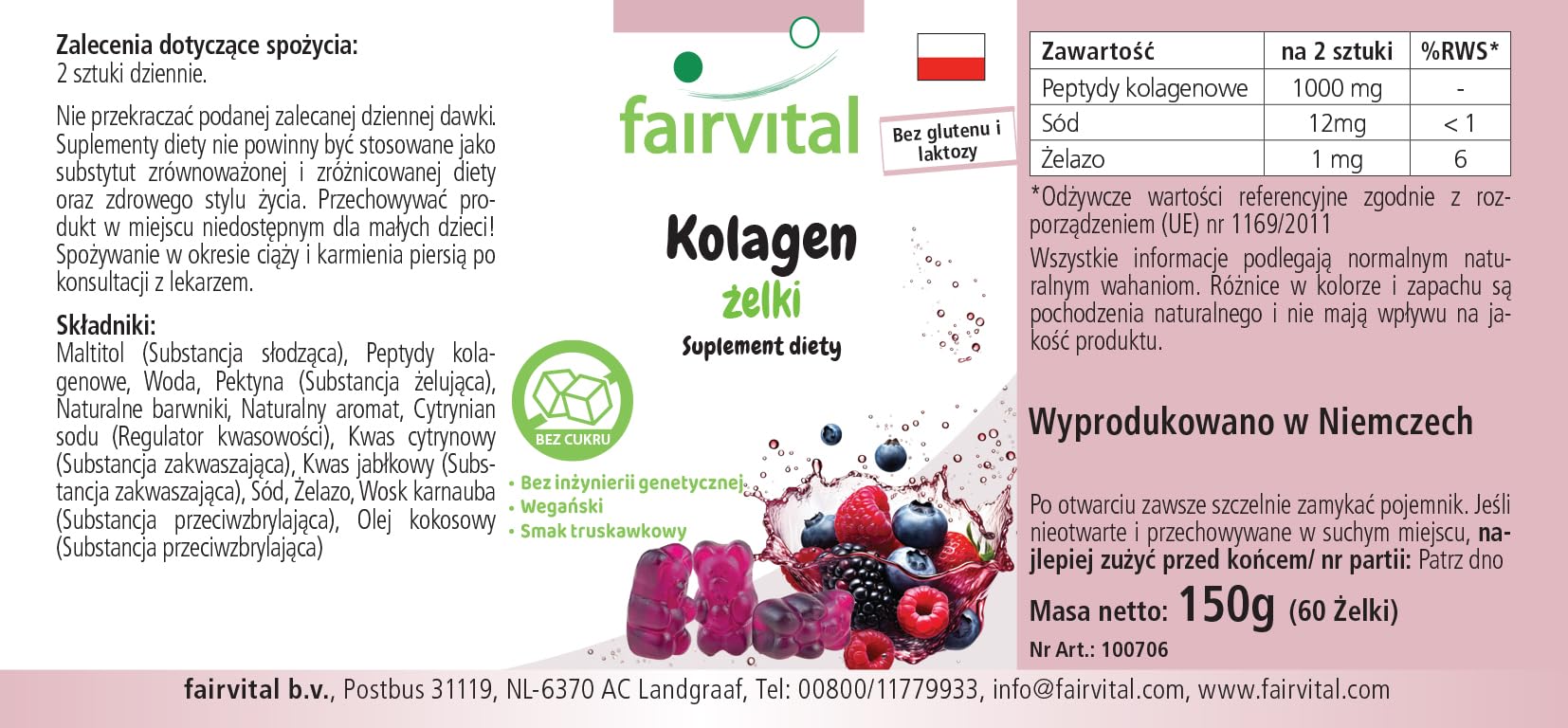 Fairvital | Żelki kolagenowe – 60 sztuk – 1000mg w dziennej dawce – z sodem i żelazem – wysoka dawka – bez cukru – sprawdzona jakość i wysoka dawka – wyprodukowane w Niemczech
