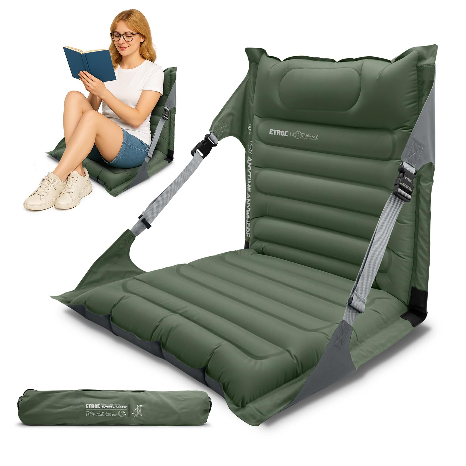 etrol heated inflatable folding stadium seat with 3 temperature settings press-to-inflate portable chair with back support amp straps powered by portable power bank for camping outdoor sports