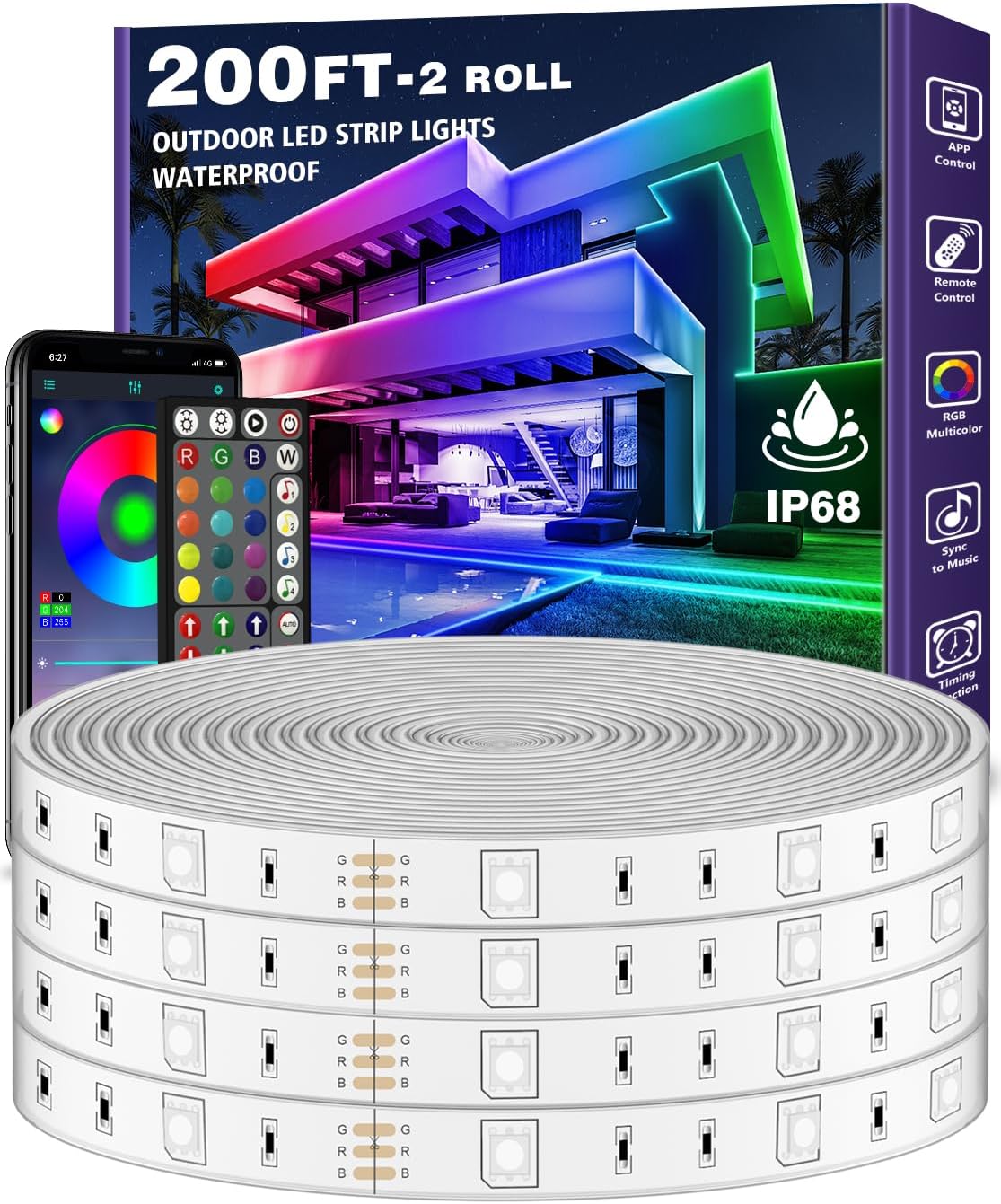 AILBTON 200ft Outdoor LED Strip Lights Waterproof,IP68 Outside Led Light Strips Waterproof with Bluetooth App Remote Control,Music Sync RGB Exterior Led Rope Lights,for Balcony,Deck,Roof,Garden,Pool