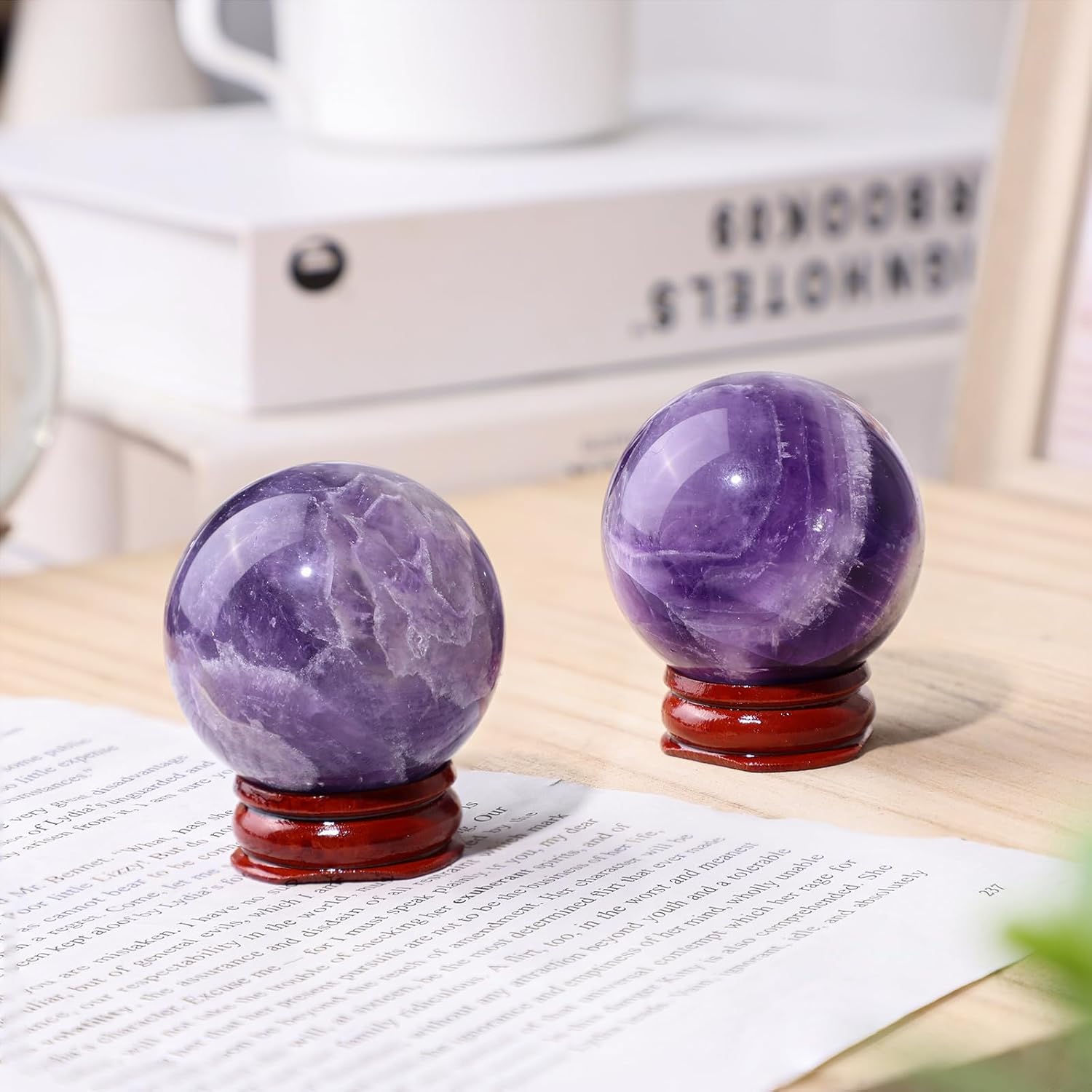 SUNYIK Natural Amethyst Ball Sphere with Wood Stand Polished Stone Orb for Divination Meditation Feng Shui Home Office Desk Decor, 1.5-1.7"(40-45mm)