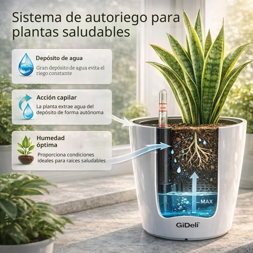 GiDeli Jardinera con riego automático - Maceta autoirrigable con indicador de nivel de agua - Macetas que protegen contra el desbordamiento y la putrefacción - Maceta que ahorra tiempo
