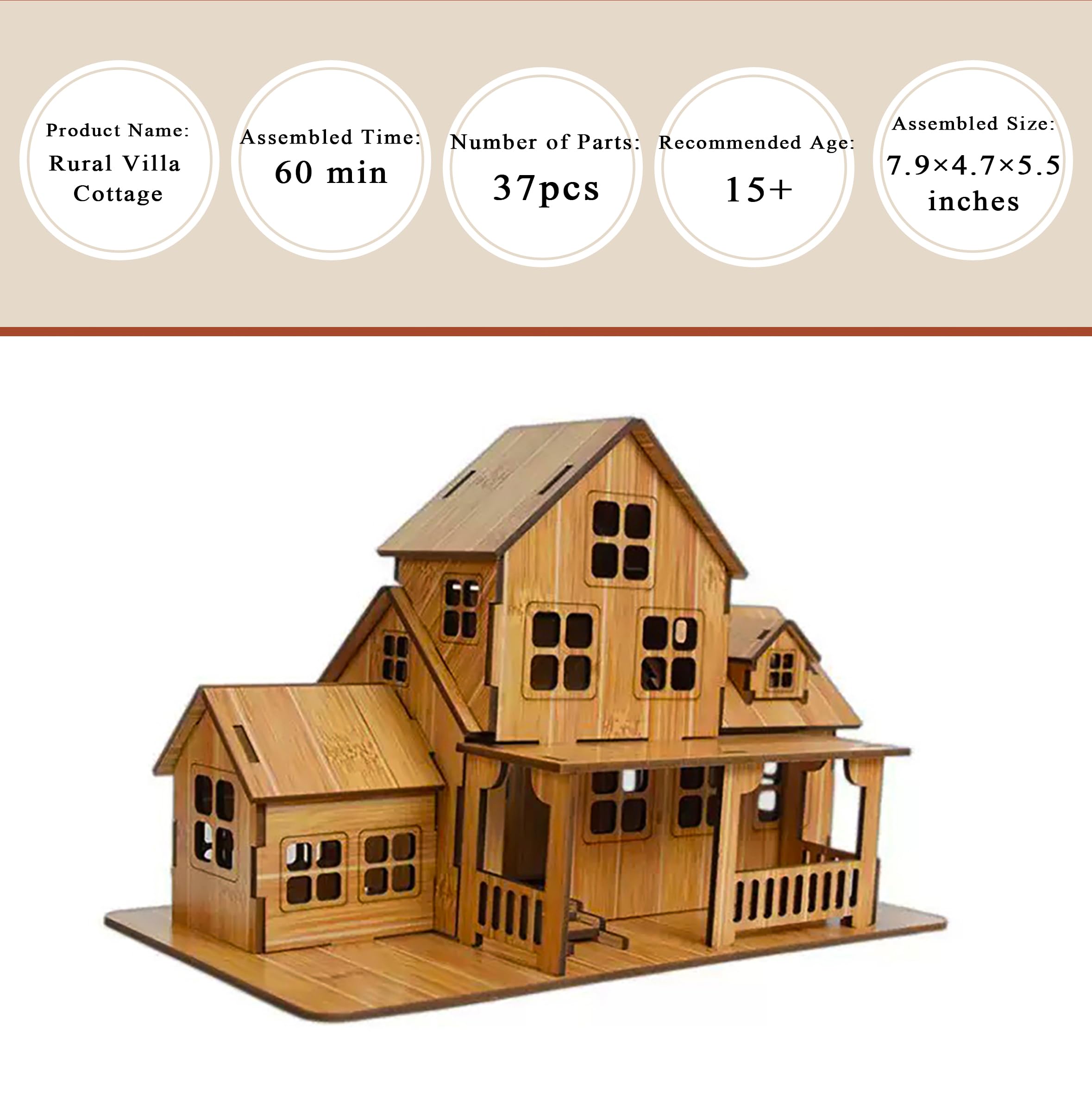 MPIUET Puzzle 3D Rustic Villa 3D Wooden Puzzles, 37 Peças, 15+