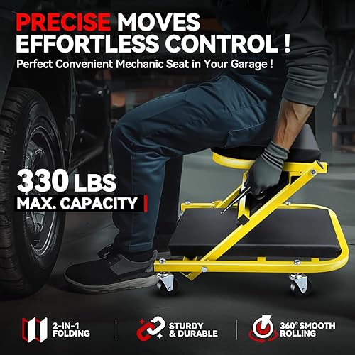 Miniatura 8 de Auto Dynasty Asiento Z-Creeper de 36 pulgadas, asiento plegable de garaje 2 en 1, capacidad de 330 libras, asiento de reparación mecánica automotriz