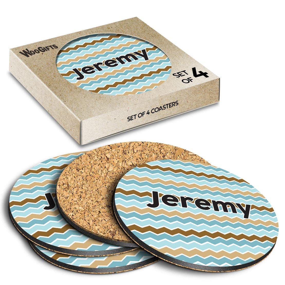4 x Boxed Round Coasters - Name Jeremy Blue Waves Geometry Zigzag Color Letter Lettering Initial Cork Backed MDF Glossy Tea Coffee Accessory #253672