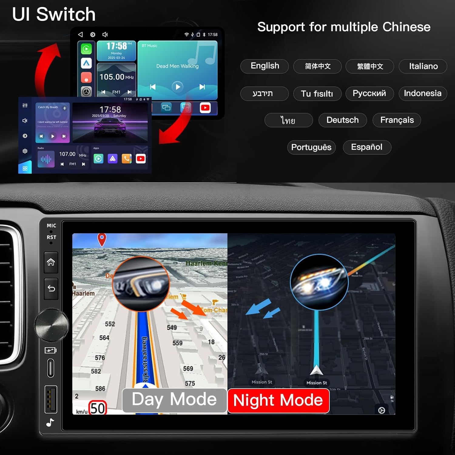 7" QLED Double Din Car Stereo Apple Carplay and Android Auto Radio, High Resolution 1280 * 720 Touchscreen Car Audio Receivers, RDS, 16 Band, 4.0 CHN & Bluetooth 5.0 240W, Backup Camera, FM/AM