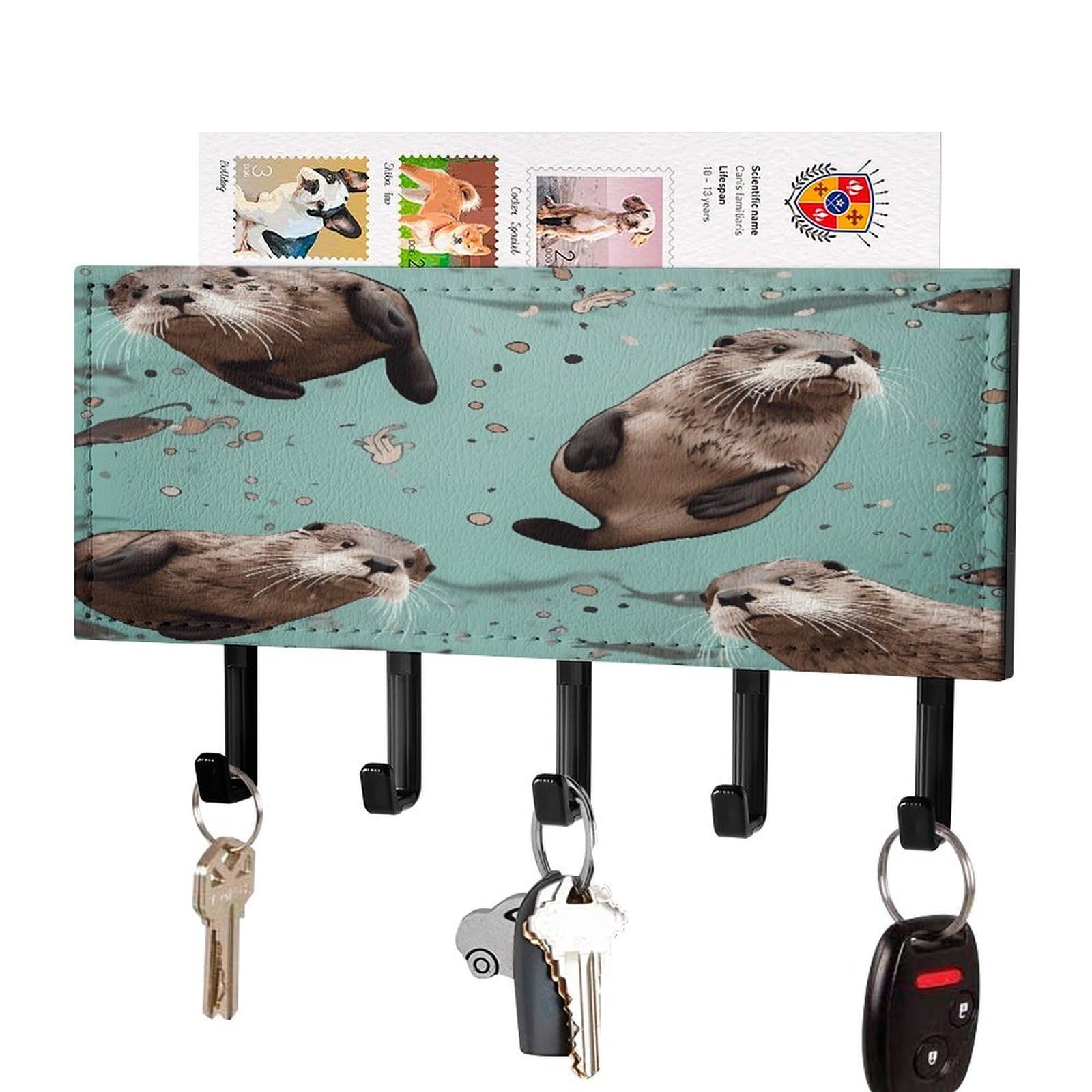 FekiLoot Otters Key Holder Wall Mount Key Hanger with 5 Hooks Decorative Key Rack Hanging Key Hooks with Mail Organizer Key Holder for Wall Living Room Kitchen Bathroom Hallway Black
