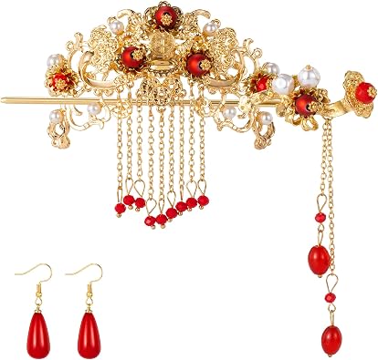 Chinese Hair Accessories for Wedding, Red Tassel Hair Pin Alloy Pearl Hair Jewelry Set, Red Dangle Drop Earrings, Vintage Hair Sticks, Hair Styling Pins for Women, Brides for Parties