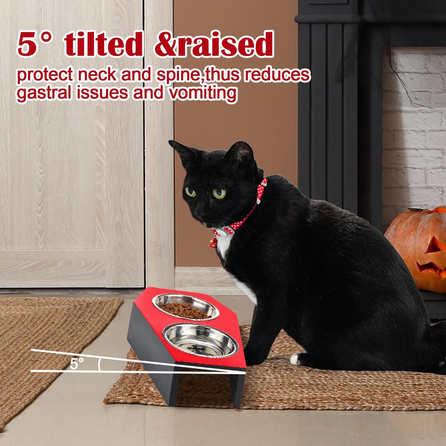Teenyyou Gothic Cat Food Bowls 5° Raised Elevated Wooden Coffin Cat Bowl for Indoor Kitty Feeder Stand with 2 Stainless Steel Food Water Supplies for Halloween Christmas Animal Lovers Gift