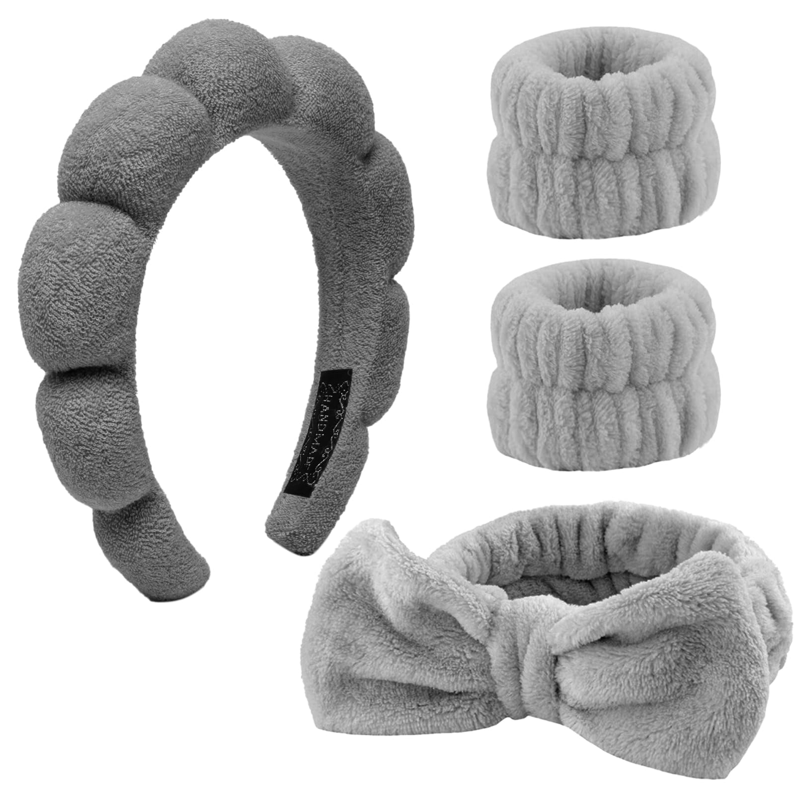 4 Stück Haarband Kosmetik,Spa Stirnband Make Up Schwamm Set Damen, Hautpflege Stirnband Waschen Gesicht Wristband Set Für Frauen Schönheit Mädchen Yoga Sport Dusche Make-up-Entfernung (Grau)