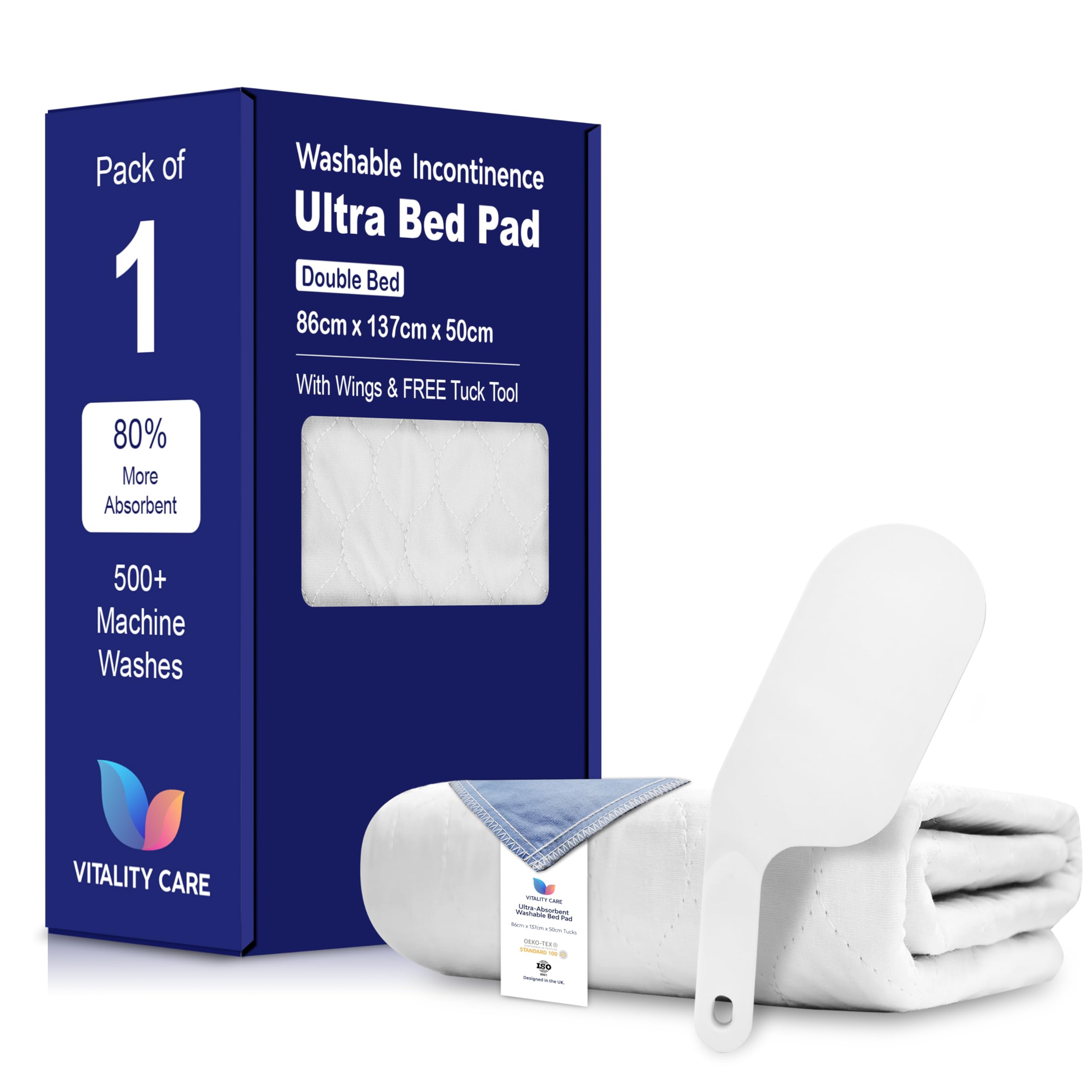 Vitality Care White Waterproof Mattress Protector, Washable Bed Pad For Incontinence, 8 Cups Absorbency, Fitted Design With Tuck-In Flaps, Double Bed Size 86X137 Cm,