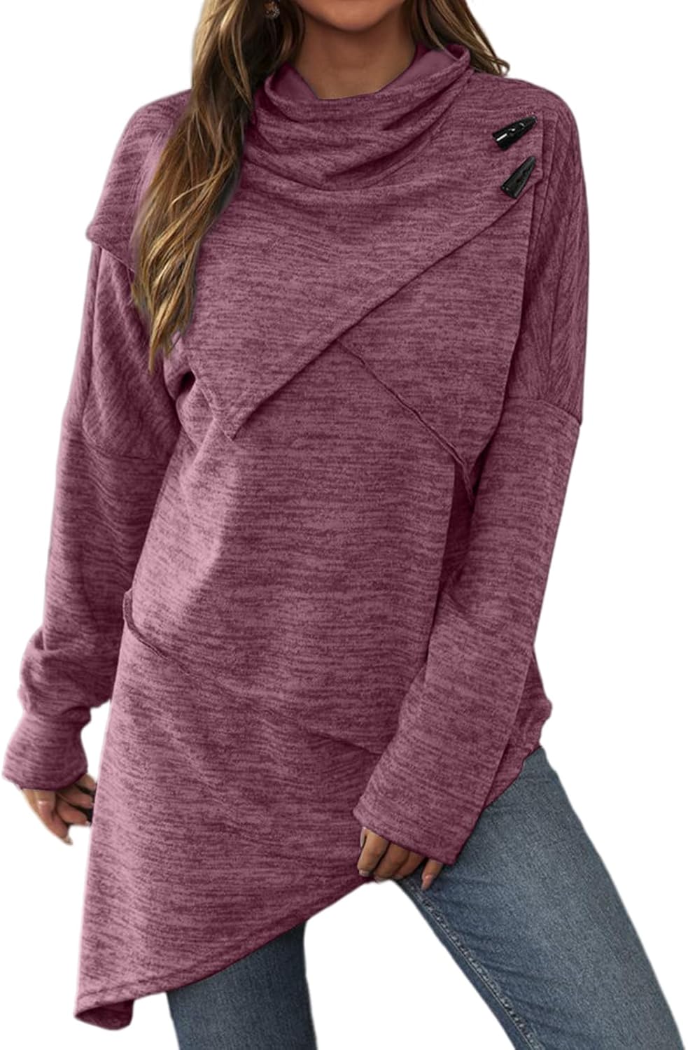 Women Button Irregular Hem Sweatshirts Cowl Neck Pure Color Knit Top Long Sleeve Sweater Casual Patchwork Pullovers Wine X-Large - Image 1 of 5