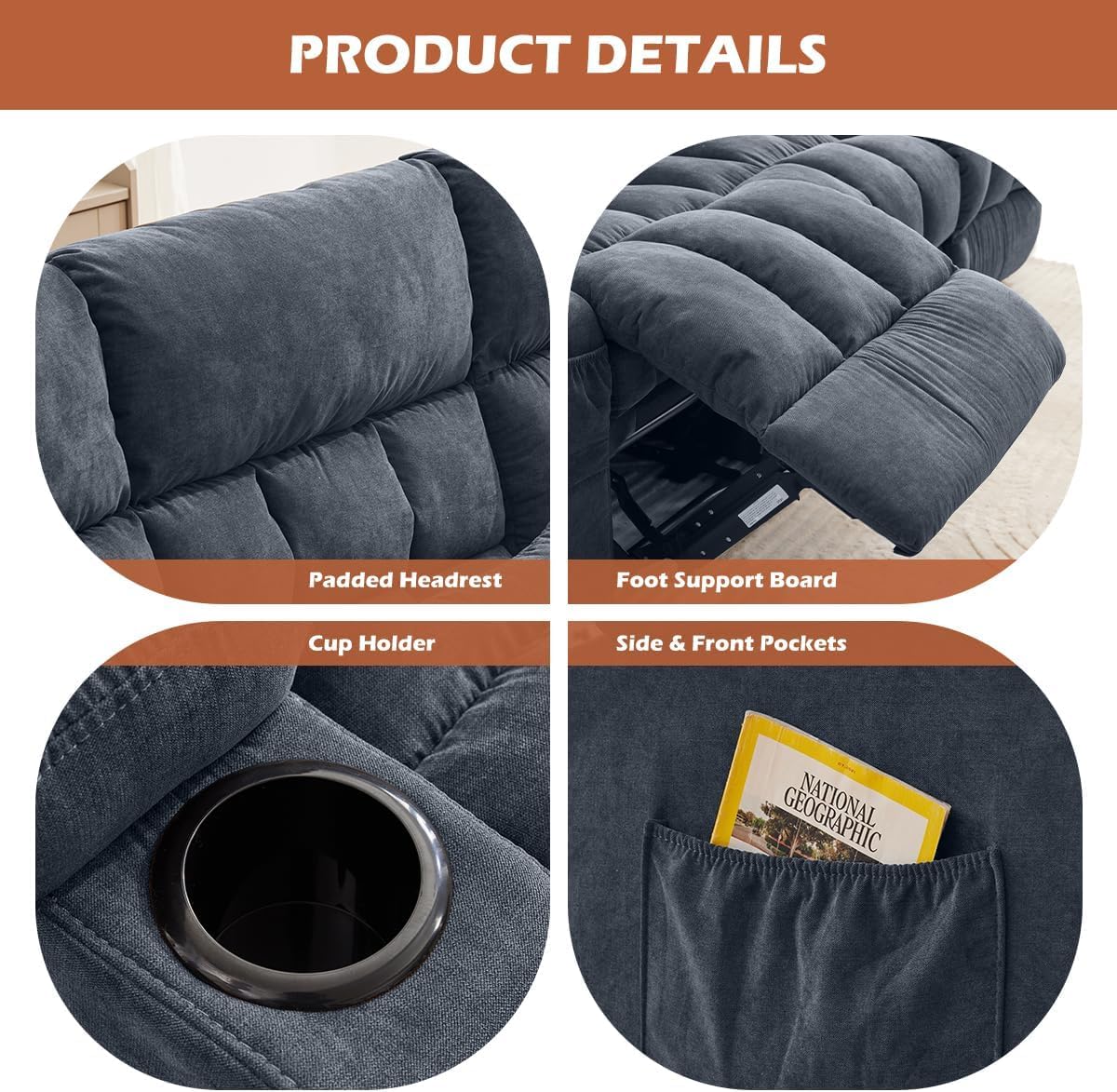 MAHOMICO Recliner Chair with Cup Holders for Living Room Single Seat Manual Oversized Recliner with Ergonomic, Side Pocket for Adult view 4