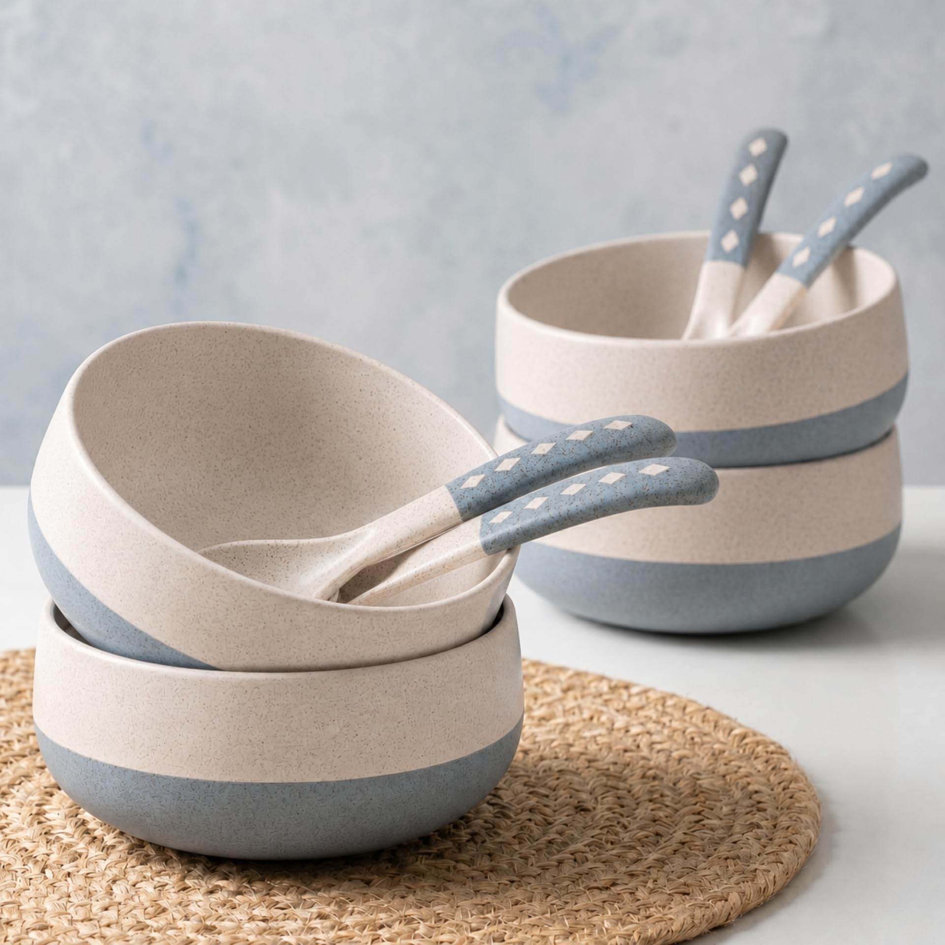 Eha Earth-Friendly Soup Bowls with Spoons | 250 ml | Made with Rice Husk Biocomposite | Microwave Safe Bowls for Kitchen | Serving Bowl Set of 4 | Azure