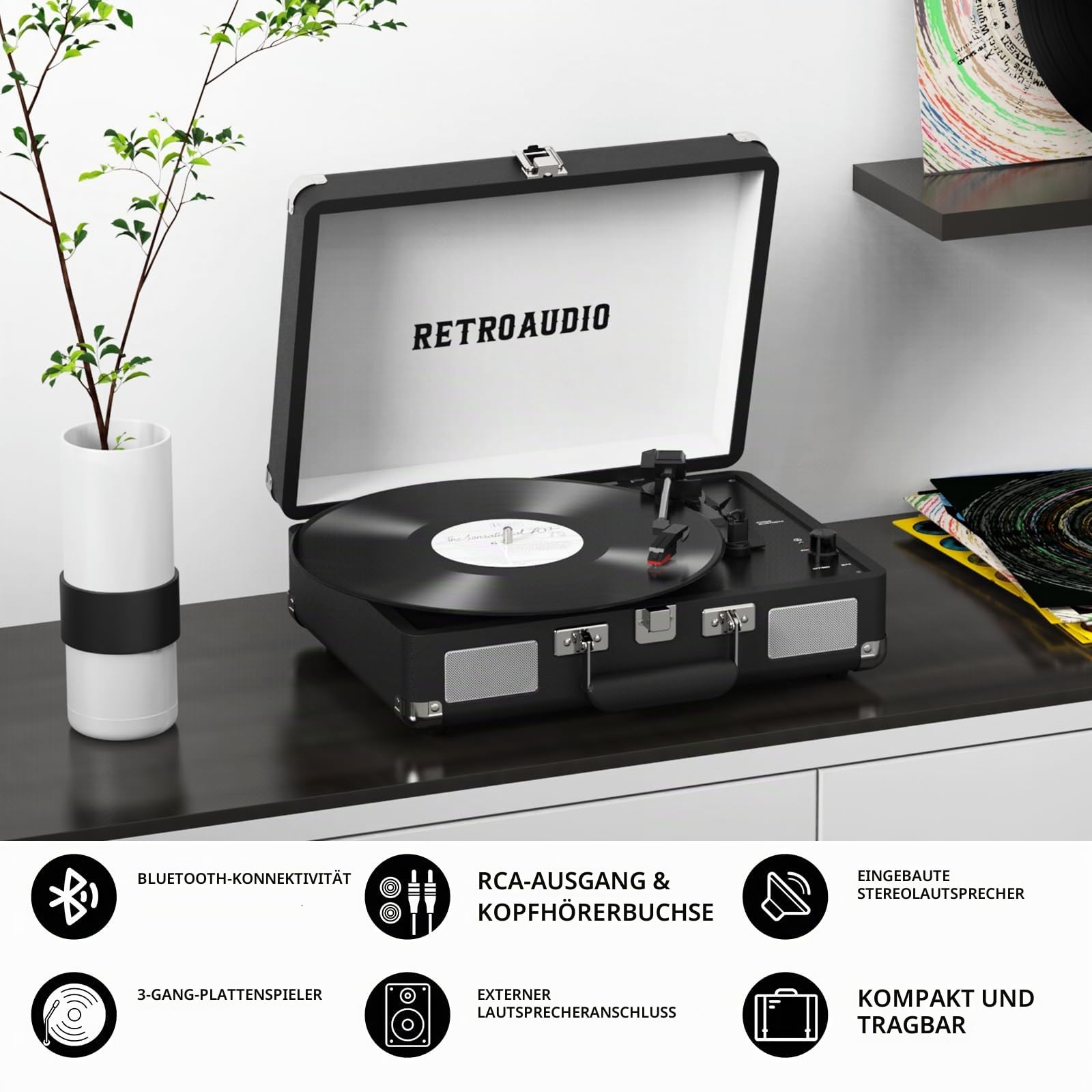 Vinyl-Plattenspieler 3-Gang Bluetooth tragbarer Koffer-Plattenspieler mit Riemenantrieb und 2 integrierten Stereolautsprechern Vinyl Vintage-Schallplattenspieler mit RCA-Line-Out, AUX-Out (Schwarz)