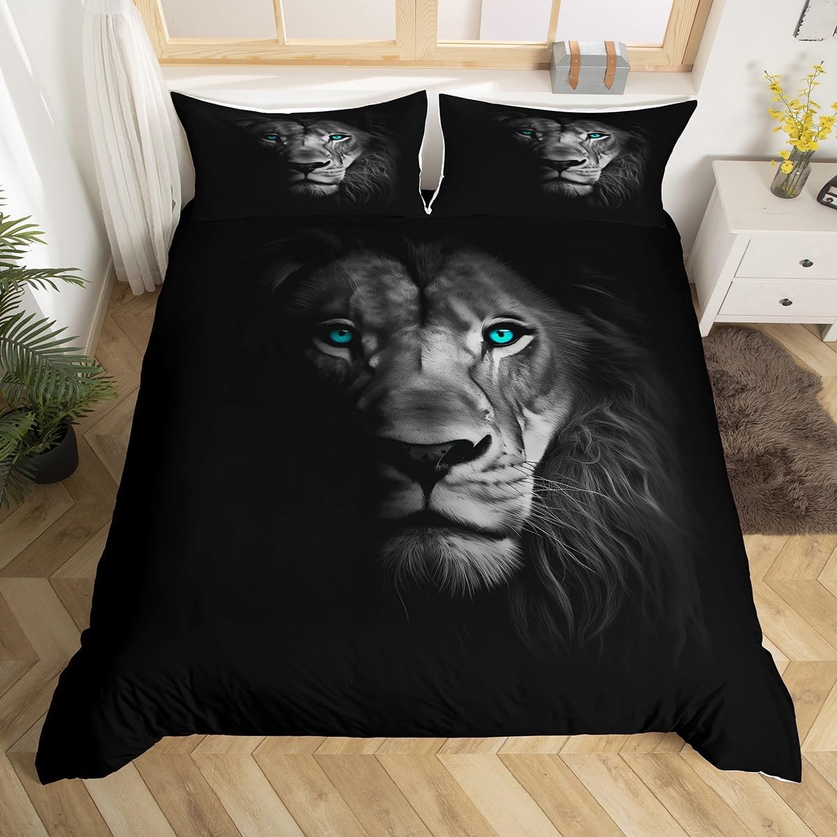 Erosebridal 3D Lion Bedding Set Twin Size Cool Wildlife African Pattern Duvet Cover Kids Teens Boys Animal Series Bedspread Quilt Simple Style Soft Microfiber Comforter Set for Adults Men
