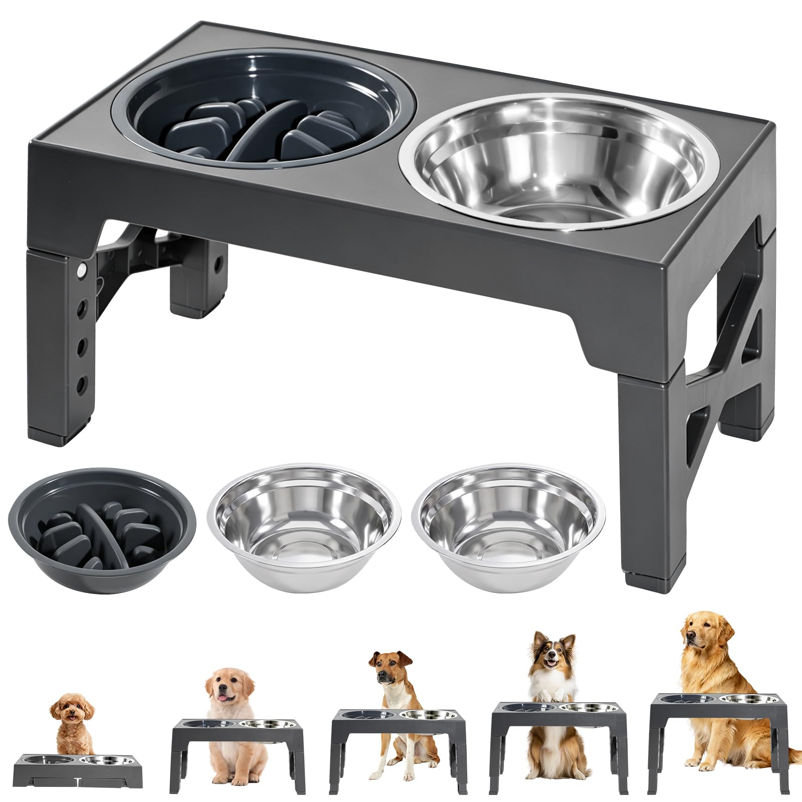 Erhöhter Hundenapf – 5 Stufen Höhenverstellbar, Futterstation mit 2X 1200ml Edelstahlschüsseln & 1 Slow-Feeder-Napf, rutschfest, klappbar, für kleine bis große Hunde, Grau