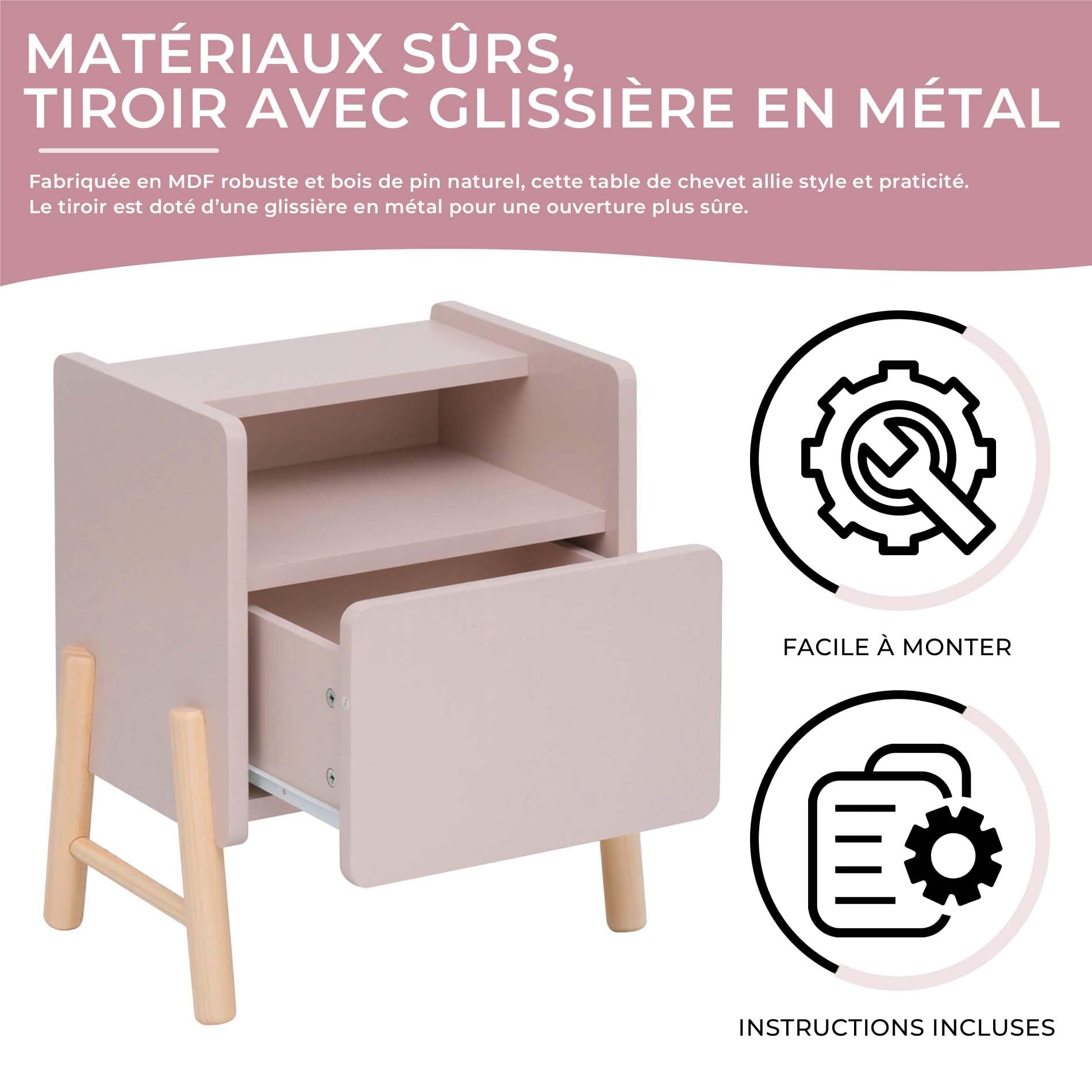 Rebecca Mobili Table de Nuit pour Chambre d'enfant, Table de Nuit Montessori, Rose Marron, MDF Pin, Stable, Chambre d'enfant - Dimensions HxLxP : 49 x 43 x 30 cm - Art. RE7129