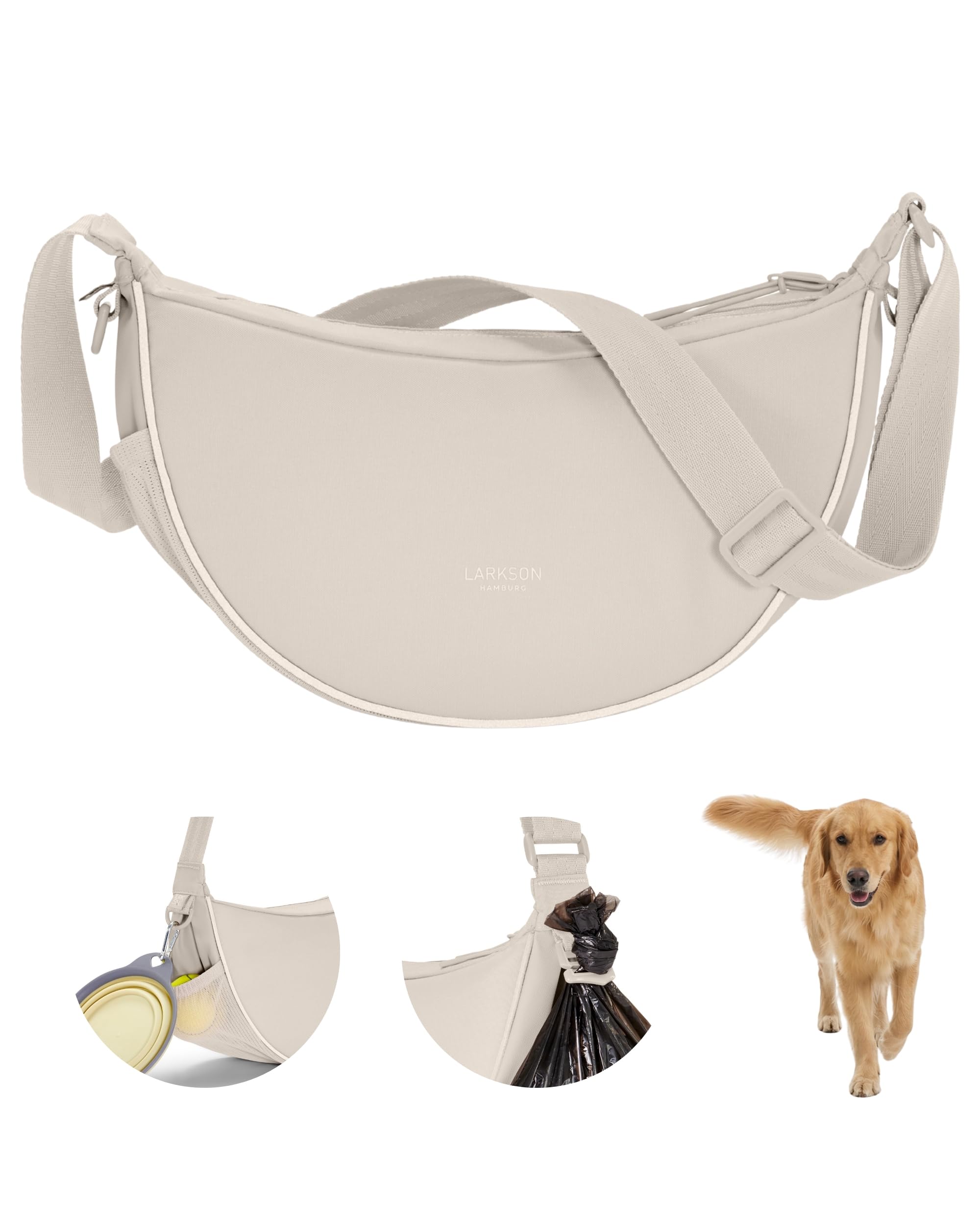 LARKSON Half Moon Bag para Perros Beige - Fiete - Bolso Bandolera para Pasear al Perro Reflectante - Bolsa para Golosinas con Dispensador de Bolsas para Excrementos - Repelente al Agua