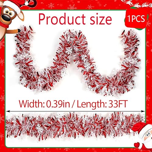 Miniatura 5 de Guirnalda de oropel de Navidad de 33 pies para decoración de árbol de Navidad, brillante, gruesa, roja y blanca con copos de nieve, guirnalda