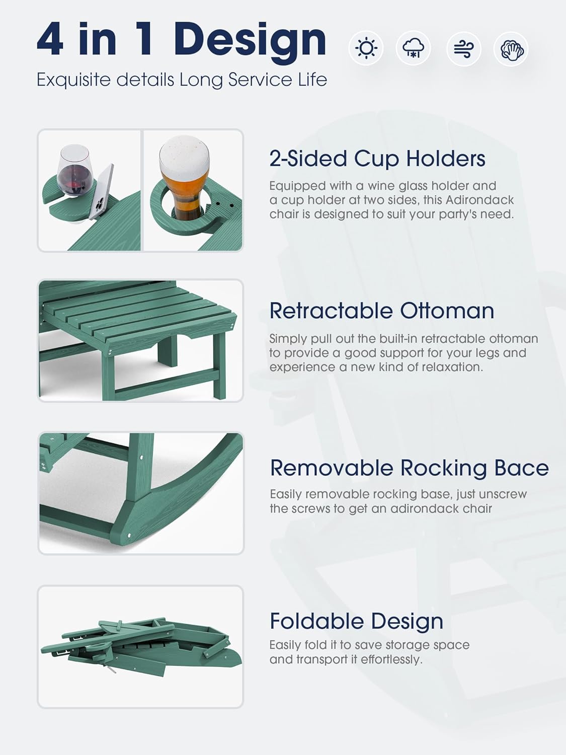 KINGYES Adirondack Rocking Chair Set of 2 with Retractable Ottoman and Cup Holders, HDPE Adirondack Rocker Patio Rocking Chair for Porch, Patio, Balcony, Leaf Green