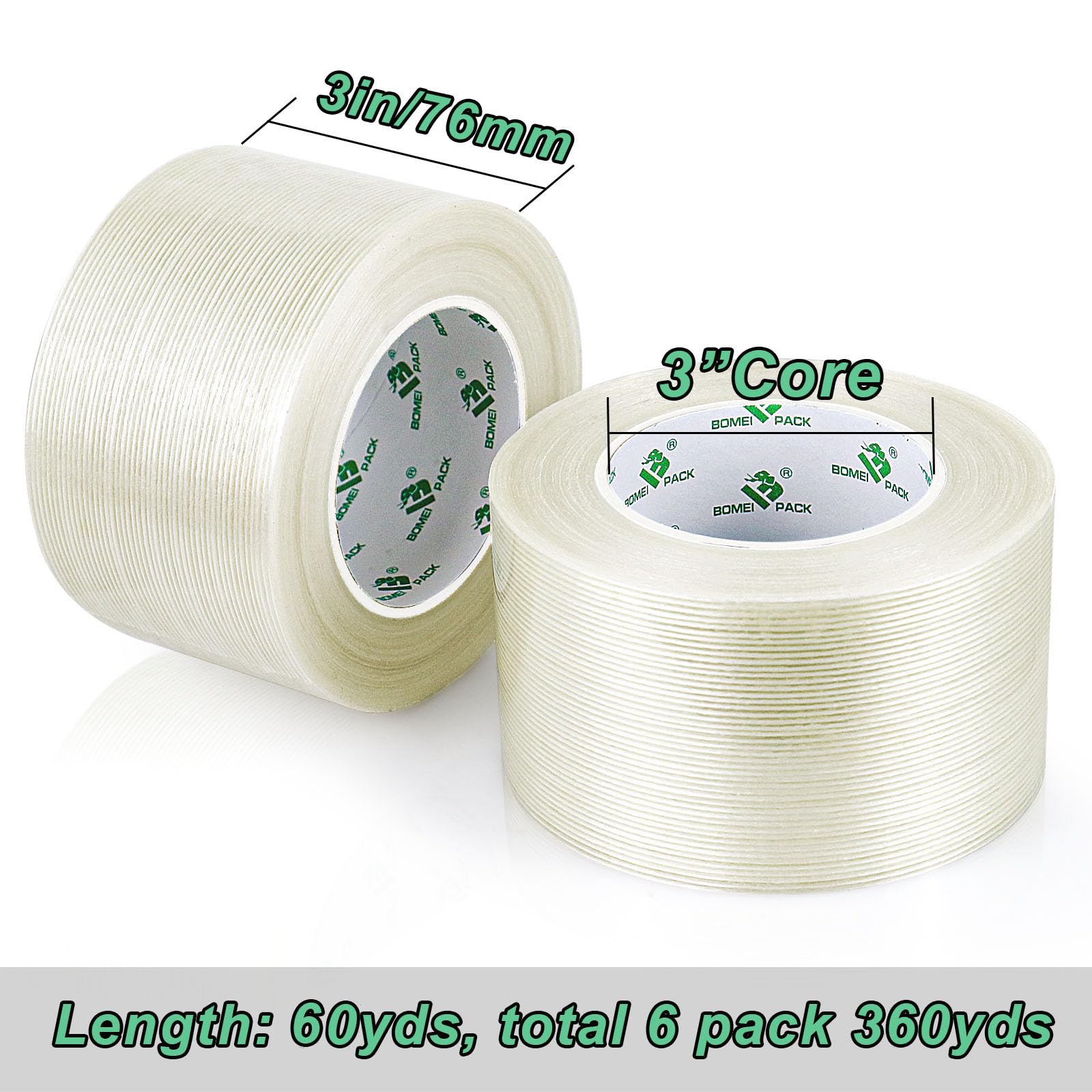 BOMEI PACK Nastro per reggiatura, 7,6 cm, resistente, largo 7,6 cm, 6 rotoli da 5,9 mm x 5,9 m x 54,4 m
