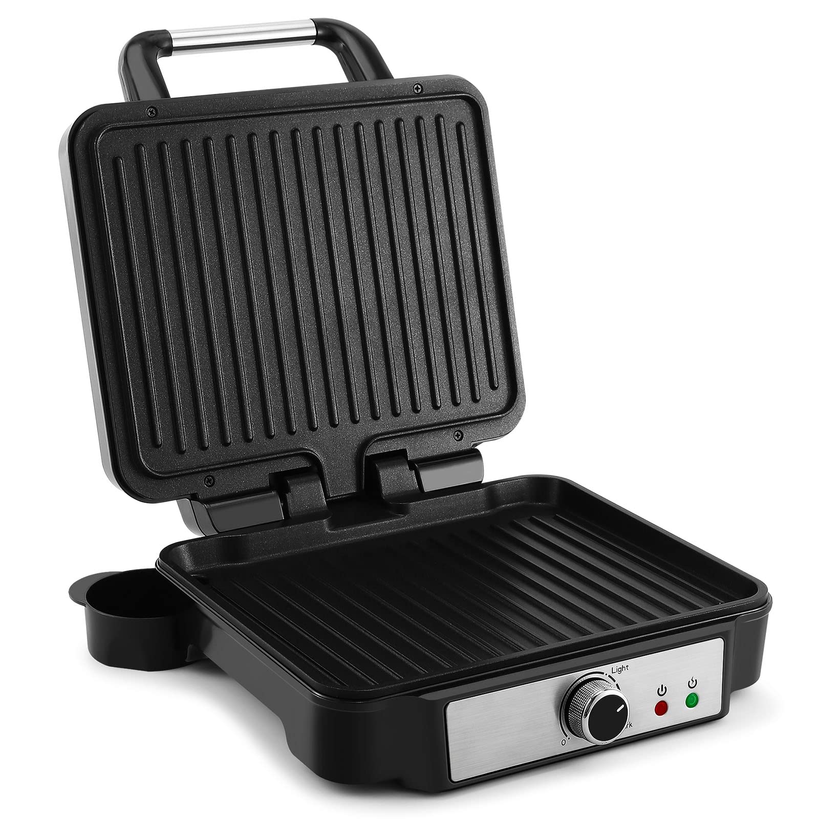 YASHE Grill Sandwichera Plancha, Parrilla Eléctrica con Placas Recubiertas Antiadherentes, Control de Temperatura, Luz Indicadora, Apertura a 180 Grados, Bandeja de Goteo Removible, 1800W, Negro