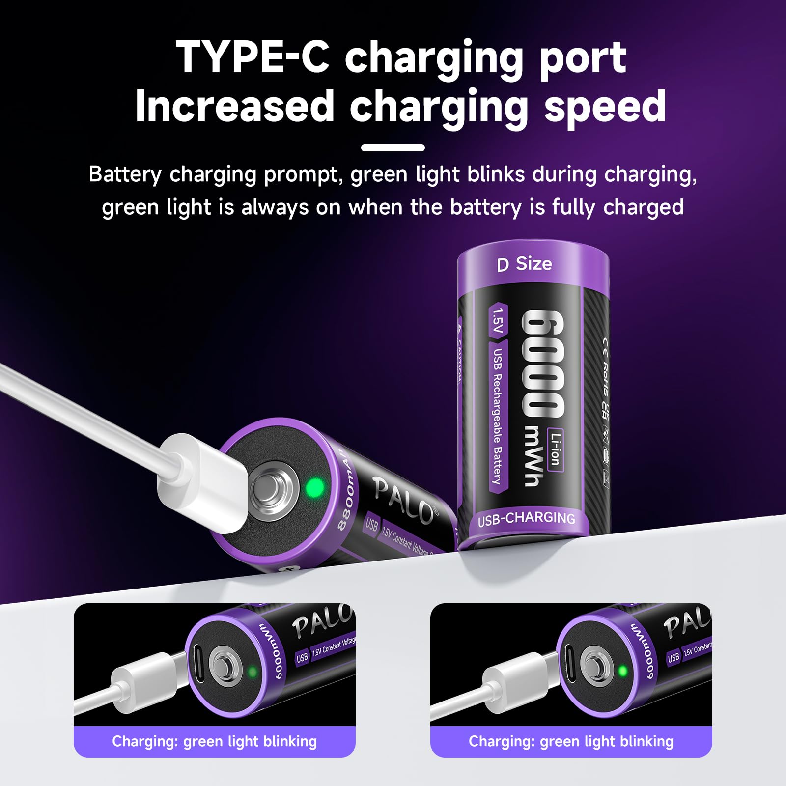 Baby C Akku USB-C 1,5v LR14 Akku 6000mWh Lithium Schnellladung Typ-C Batterien Akku mit Ladekabel, Geringe Selbstentladung, mit Ladelicht, 1500+ Zyklus, 6 Stück C Batterien Wiederaufladbar