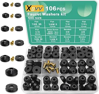 XBVV 106 PCS Faucet Washer Assortment Kit - Flat & Beveled Rubber Washers + Brass Screws for Garden Hose & Sink Leak Repair