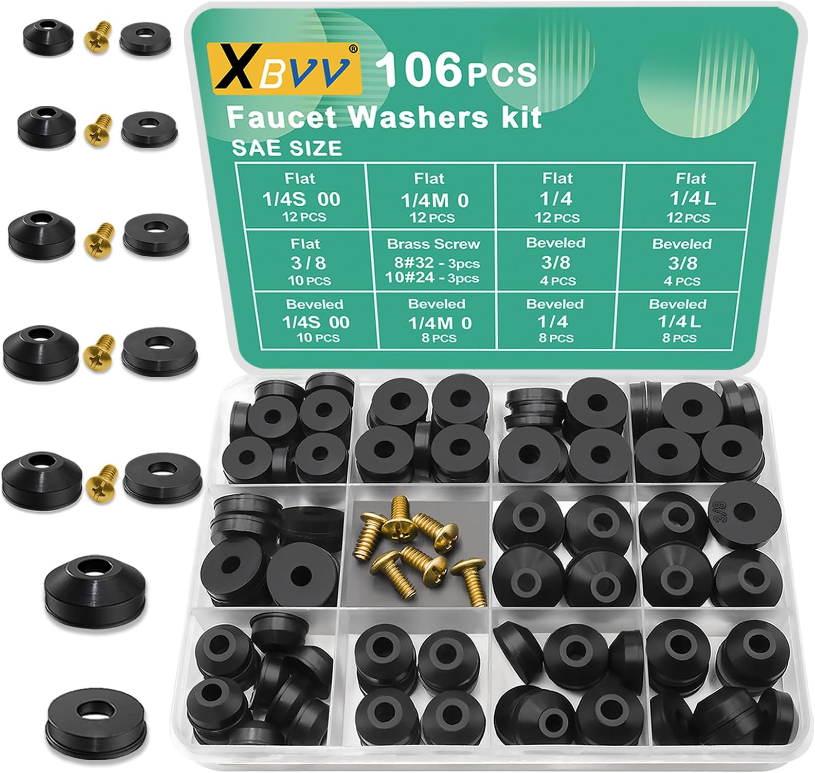 106 PCS Faucet Washer Assortment Kit with Assorted Flat and Beveled Rubber Washers for Outdoor Garden Faucet Stem Leak Worn Replacement Repair