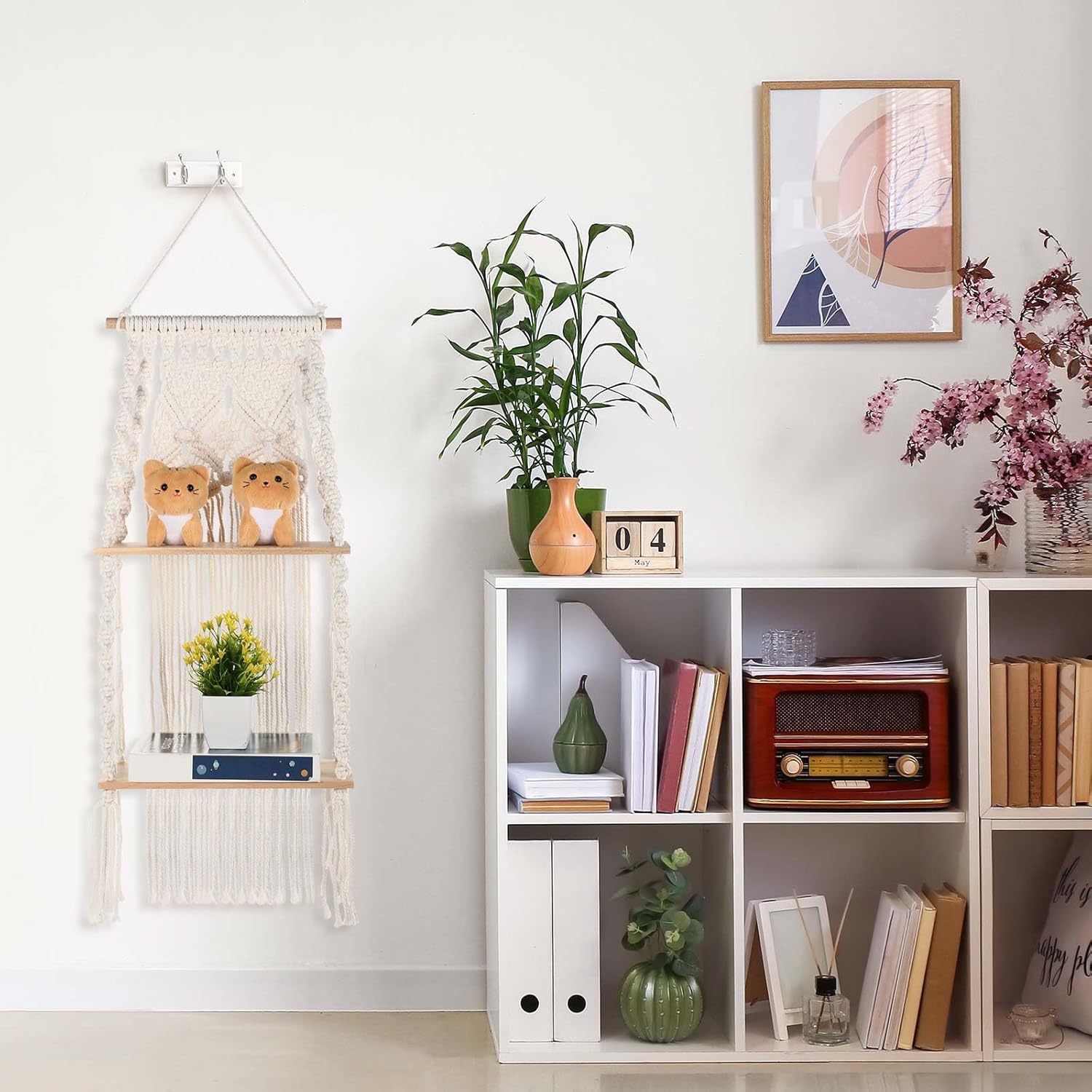 Barydat 2 Pack Macrame Wall Hanging Shelf 2 Tier Handmade Boho Hanging Wall Shelf Floating Woven Rope Decorative Storage Racks Holder Organizer for Home Bedroom Bathroom Plants, Beige (Elegant)