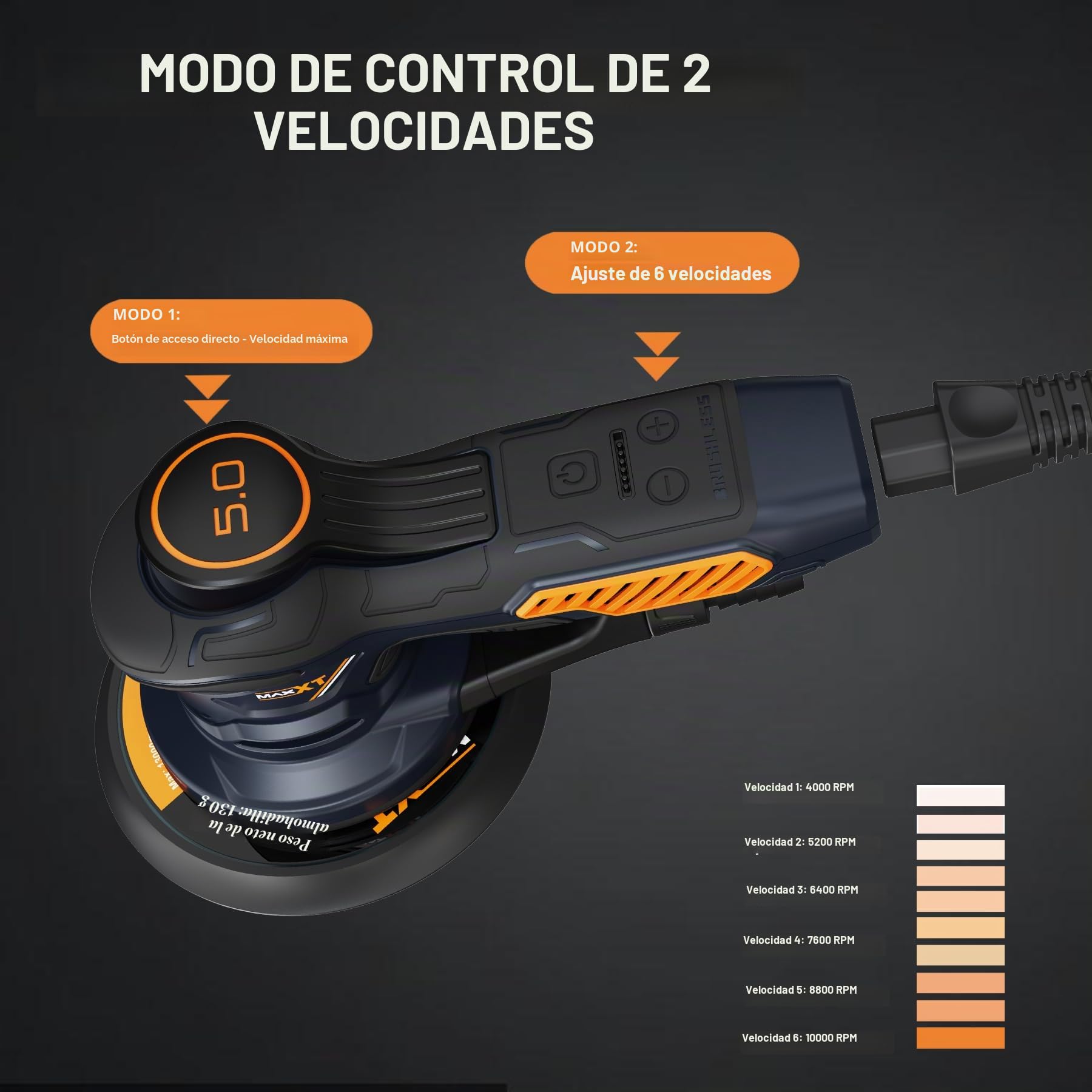 MAXXT Lijadora orbital,350w lijadora orbital aleatoria 10000 OPM con 6 velocidades variables y 10 piezas de 150mm papel,con Bolsillo Lavable de Recogida, para Lijar Madera y Metal