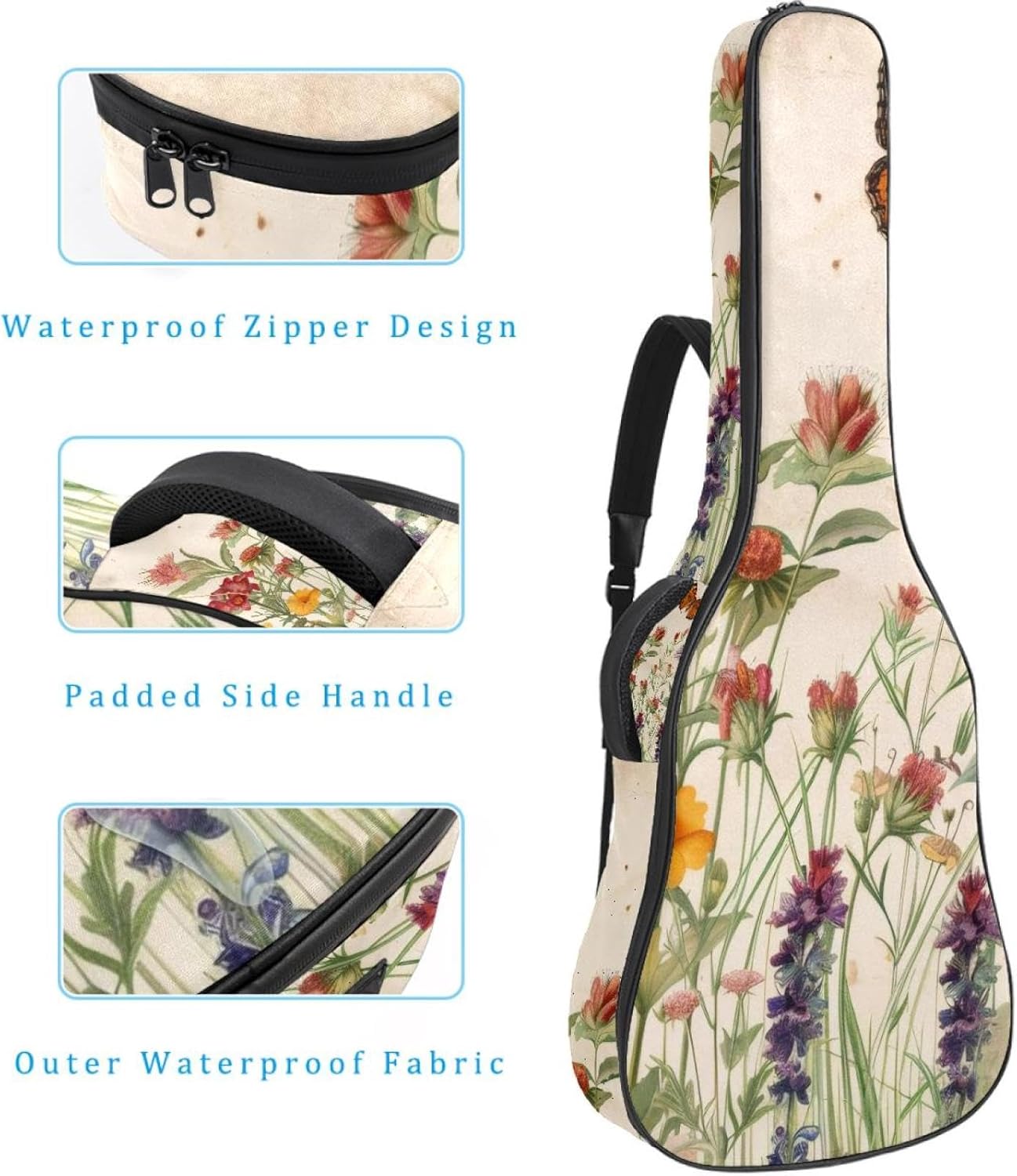 Acoustic Guitar Gig Bag 1 cm Thick Padding, Waterproof Electric Guitar Bag 40-42 Inch Guitar Case Backpack with Dual Shoulder Strap, Butterflies Wildflowers Retro