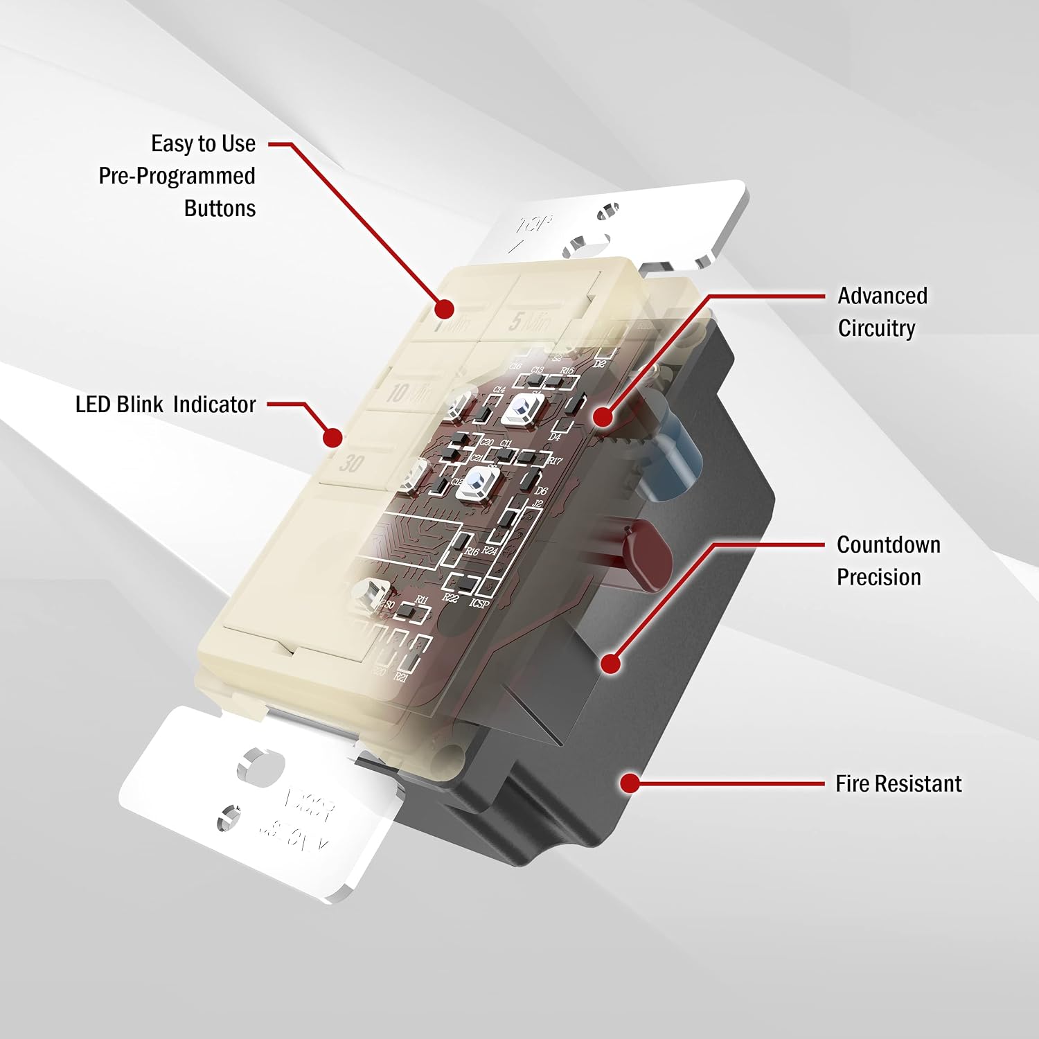 ENERLITES 4-Hour Countdown Timer Switch, 5-10-30-60 Min, 2-4 Hour, for Bathroom Fans, Heaters, Lights, LED Indicator, 120VAC 800W, No Neutral Wire Required, UL Listed, HET06-J-LA, Light Almond