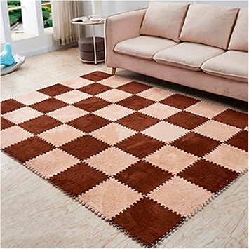 12 Pieces Thickened Plush Foam Interlocking Floor Mat,Fluffy Square Foam Tiles with 12 Edgings,Soft Anti-Slip Puzzle Area Rug Playmat for Bedroom,12X12inch,12 Tiles/11.6 Sq.Ft,Camel+Coffee