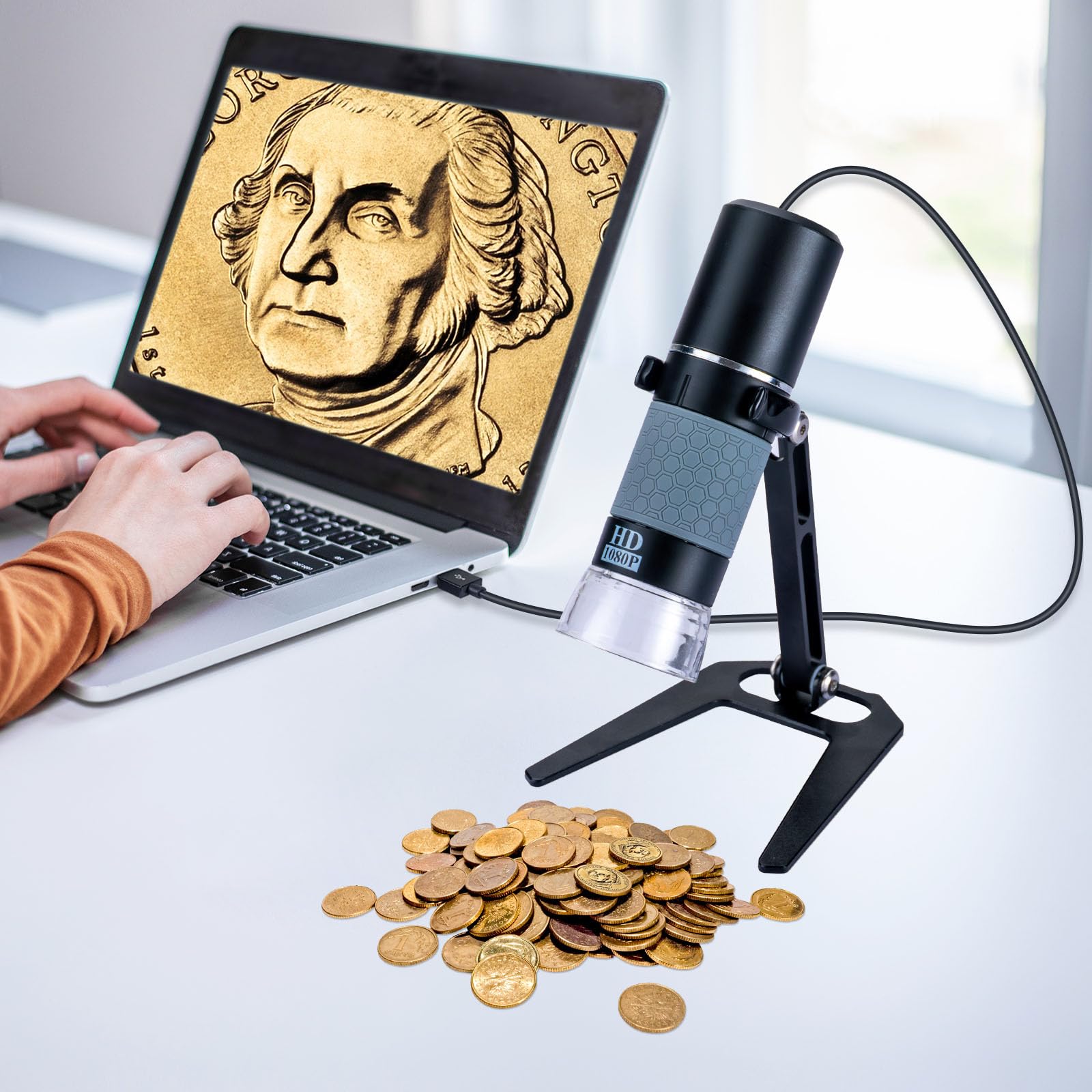 Microscope Numérique USB Full HD 1080P pour iPhone iPad Android PC, Microscope Portable Haute Définition 50-1000X avec Lumière pour Pièces de Monnaie Plantes Trichome Soudure Peau