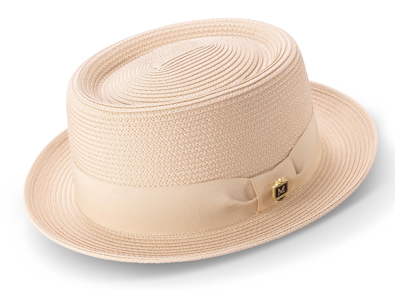 MONTIQUE Signature Ribbon Band Fedora Hat for Men | Elegant Porkpie Hat to Elevate Men’s Style | US Alpha Small Beige | H-95