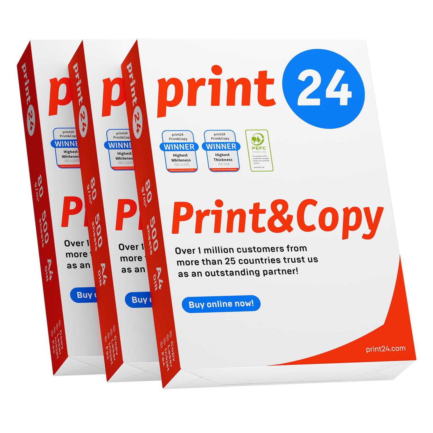 print24 Printer Paper Copier Paper 1500 Sheets 3 x 500 A4 80g Premium Brilliant White CIE 160 Test Winner PEFC Environmental Certificate