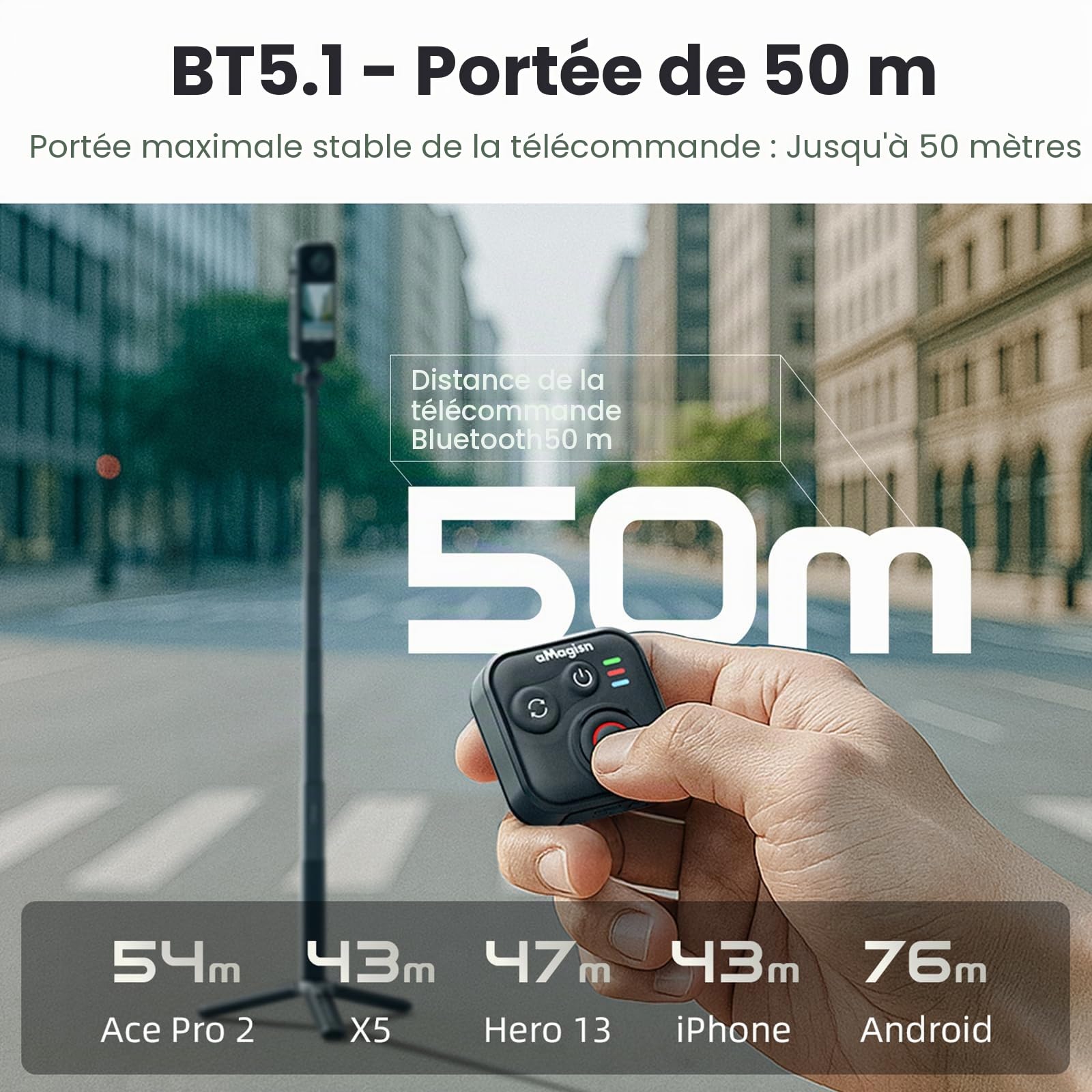 Télécommande Bluetooth pour Insta360 Ace Pro 2 X5 ONE RS GoPro Hero 13 12 sans fil avec dragonne portée de 50 m Accessoires de caméra d'action intelligente étanche pour sports de plein air