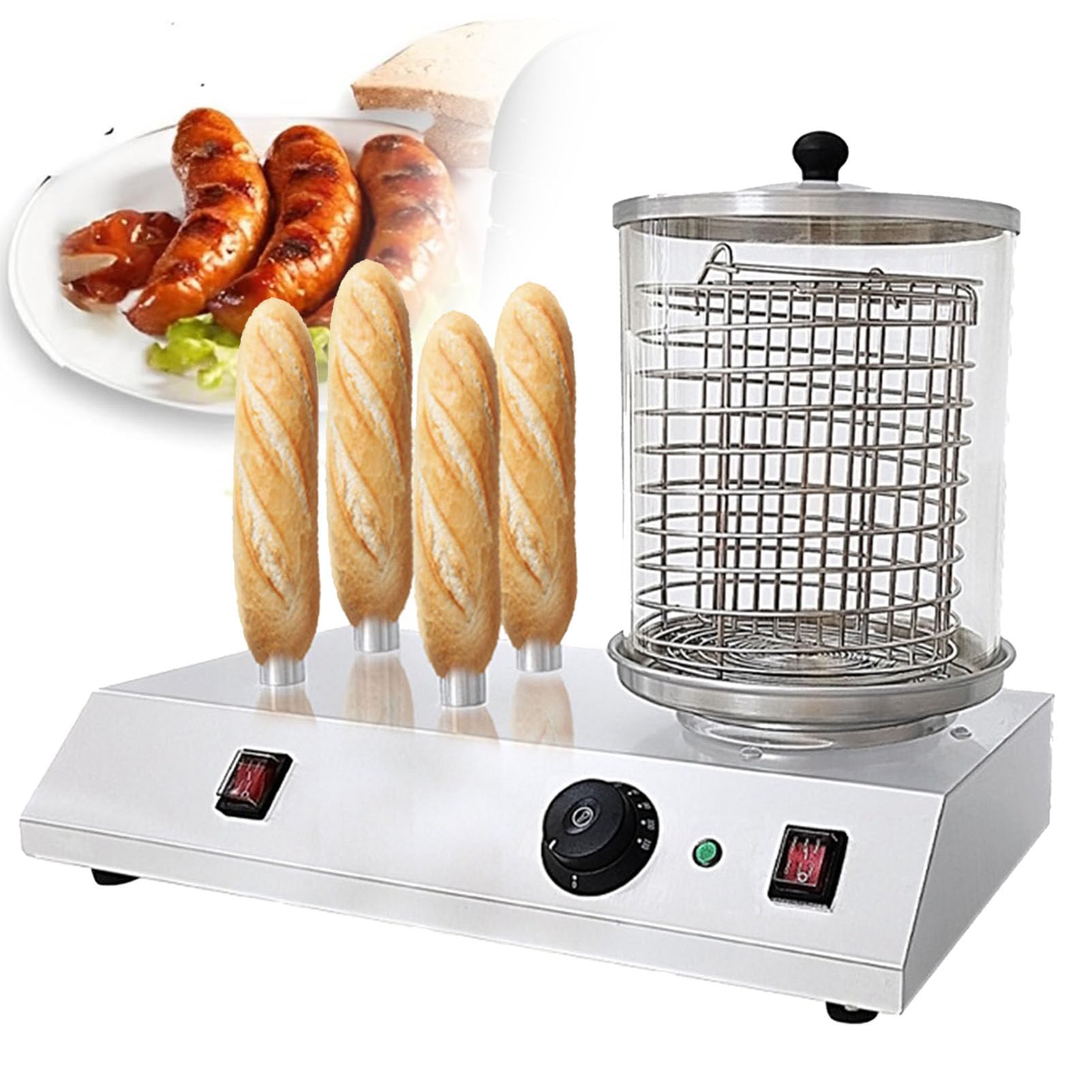 Hot-Dog-Maker, 458 W, kommerzielle Hot-Dog-Maschine aus Edelstahl mit 4 Toasterstangen, einstellbare Temperatur, professioneller elektrischer Hot-Dog-Dampfgarer für Hot Dogs, Eierbrötchen,
