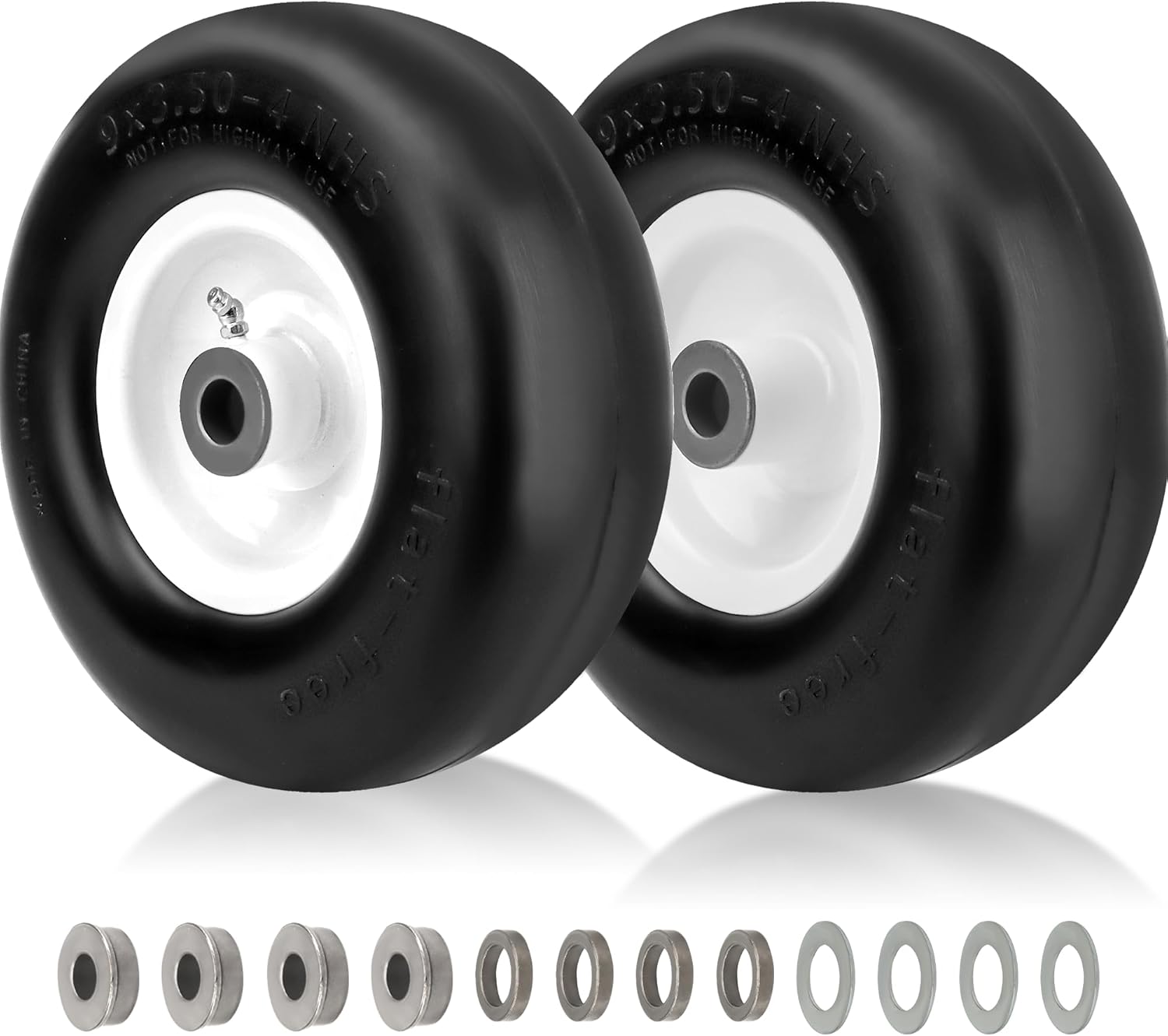 9x3.50-4 Lawn Mower Tires Flat Free, Zero Turn Mower Front Tires for Residential and Commercial, 9x3.50-4 Flat Free Tire and Wheel, 3/4" & 5/8" Bushing, 3.25"-5" Center Hub, 2Pack