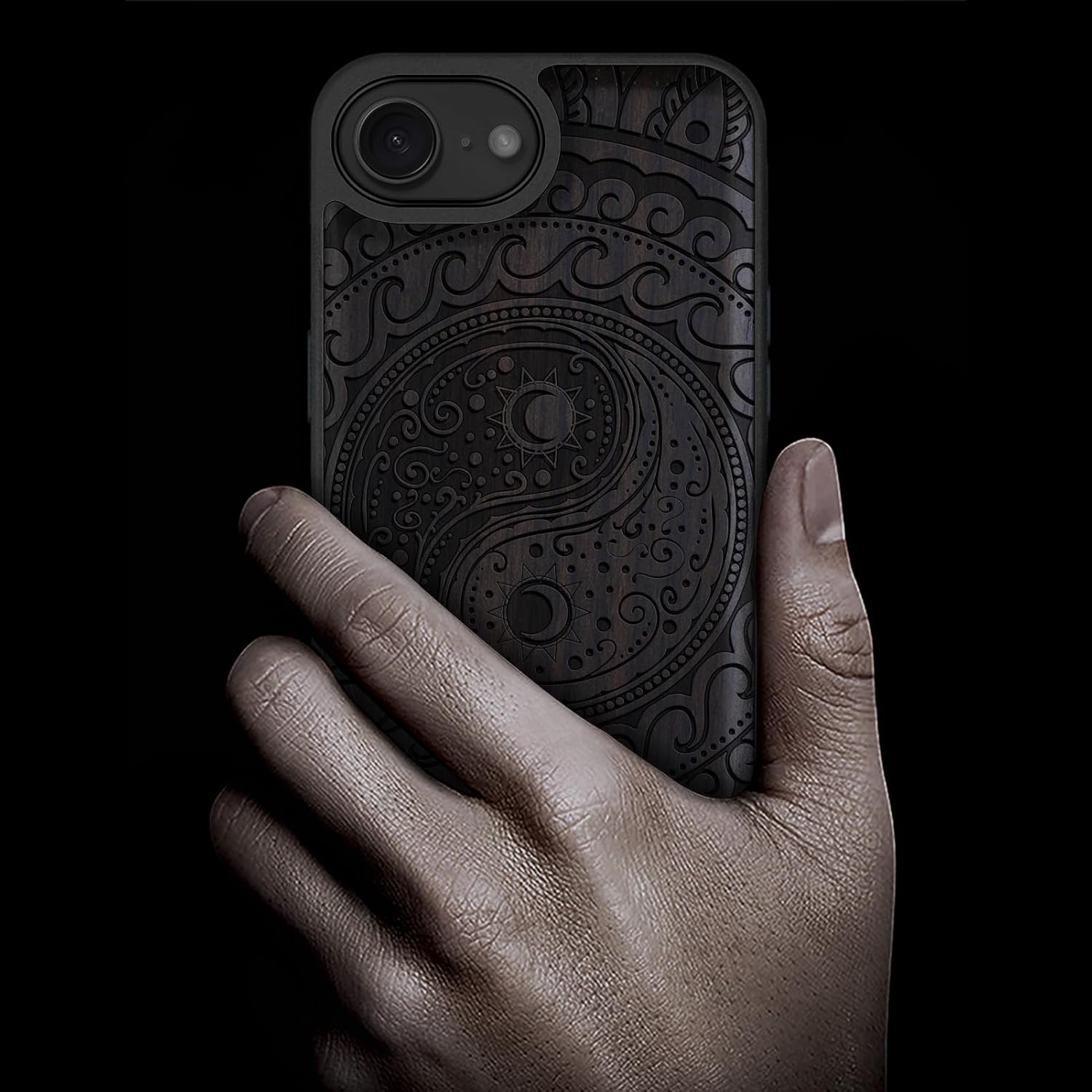 Carveit Magnetic Wooden Case for iPhone 16e / 17e, Solid Wood & TPU, Artisan Engraved Design, Shockproof Cover, Compatible with MagSafe Wireless Chargers, Yin Yang Paisley - Blackwood