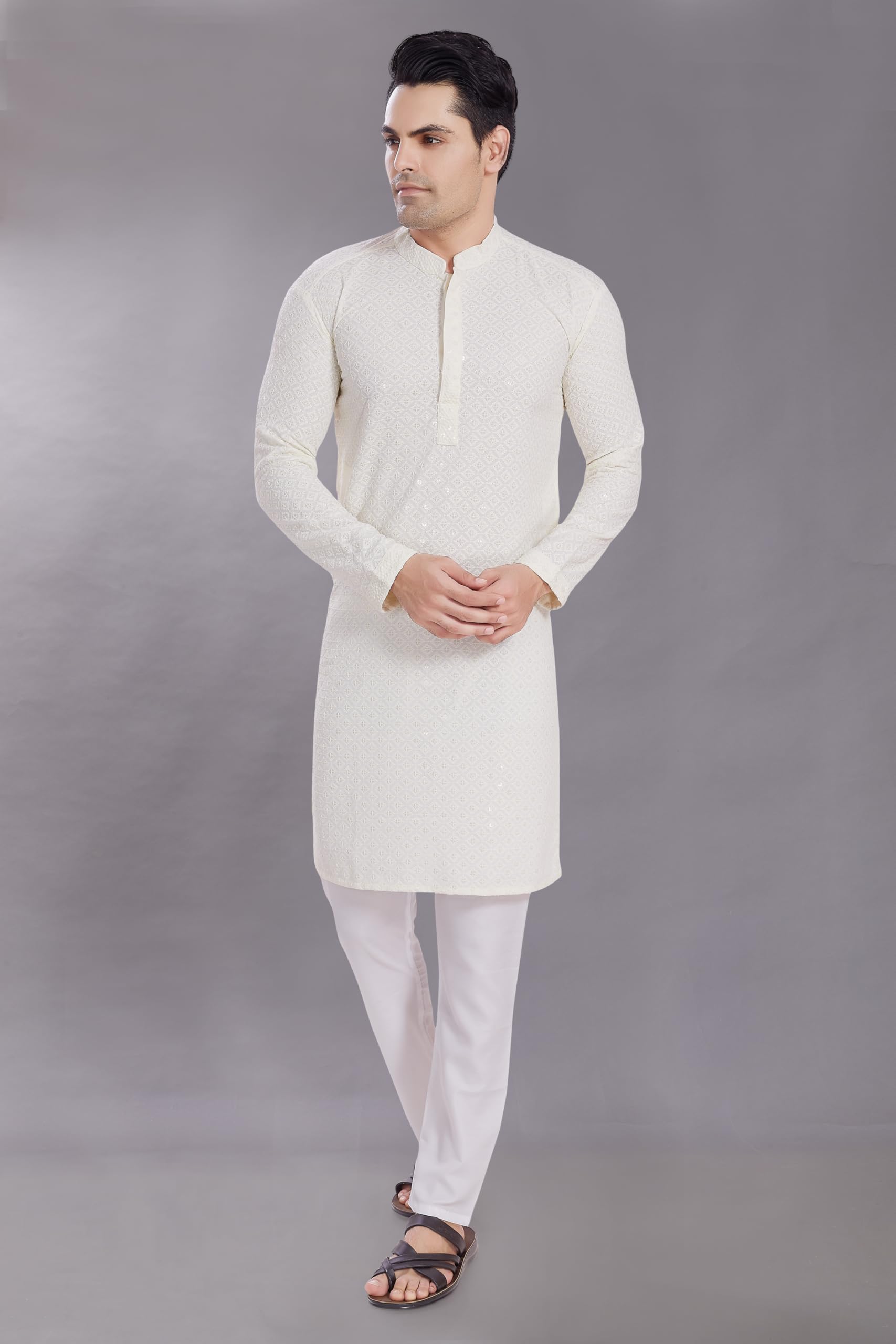 Divisive Men's Sequince Embroidered Cotton Blend Only Slim Fit Kurta (Dkrt525_S_Off White)