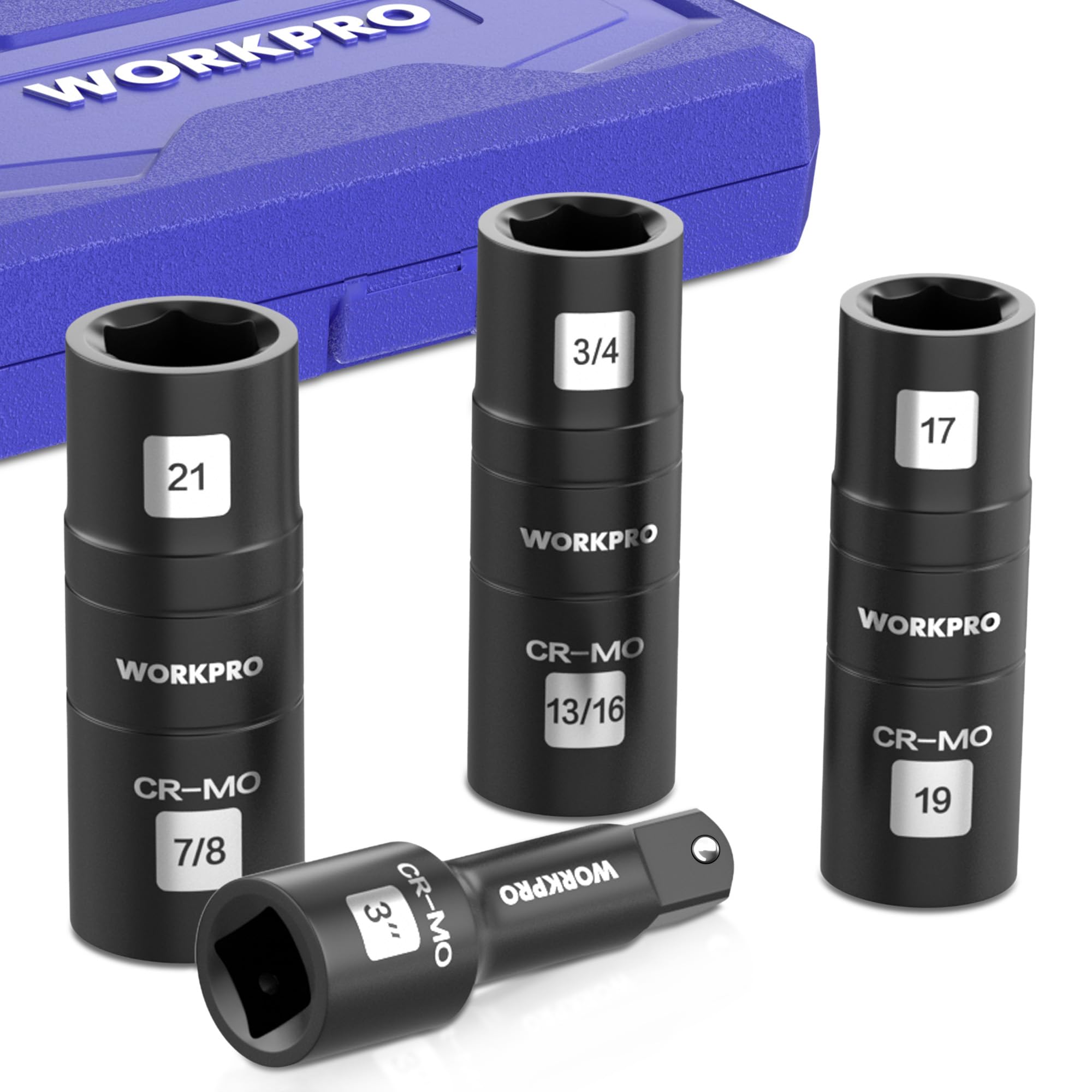 WORKPRO 4PCS Impact Socket Set 1/2" Drive, Lug Nut Socket Set, Wheel Socket Set Cr-Mo Steel, Includes 1PC 3" Extension Bar & 3PSC Flip Sockets of 6