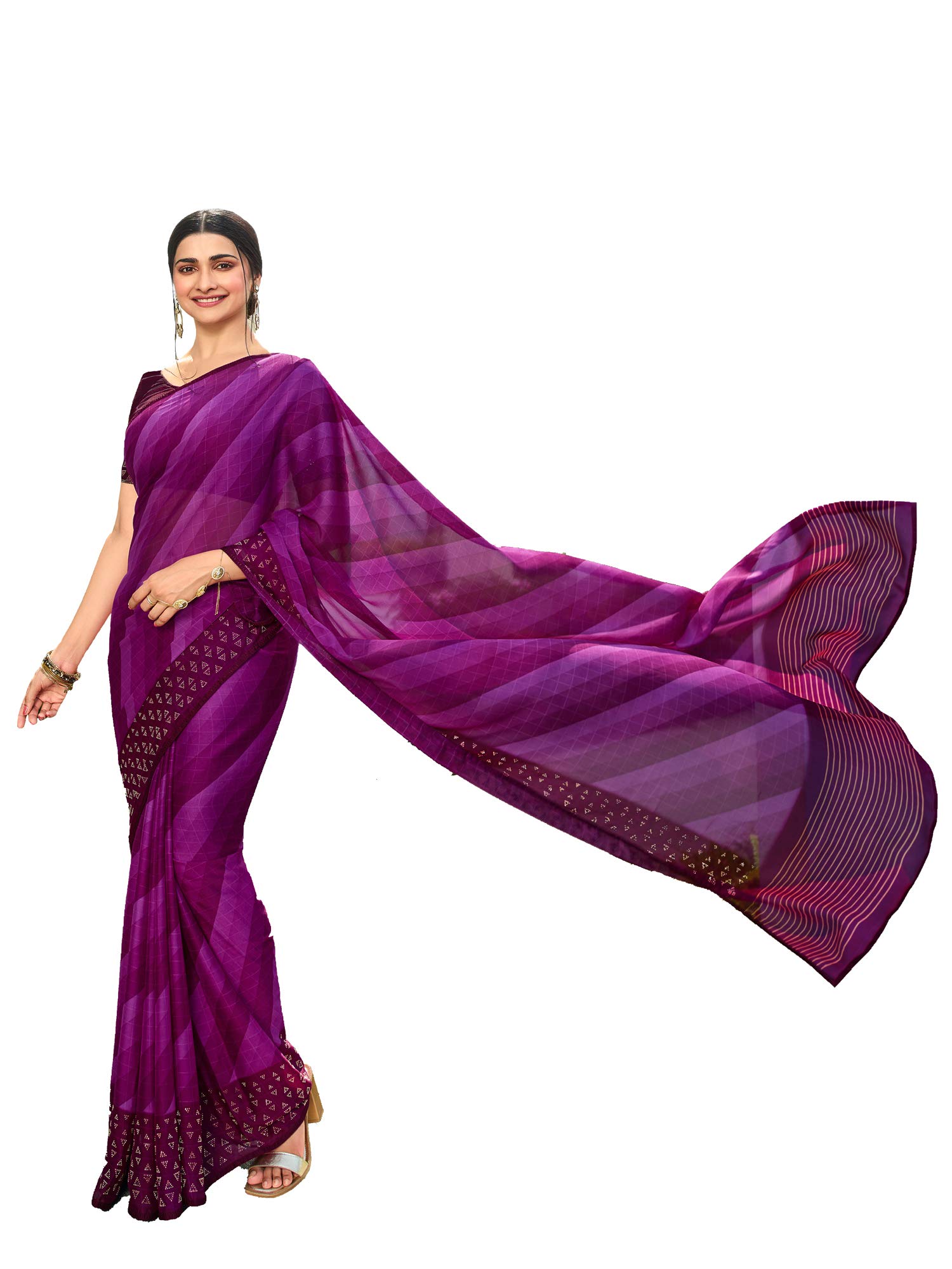 Mohit Creations Women's PartyWear Printed Saree with Unstitched Blouse, Violet, One size