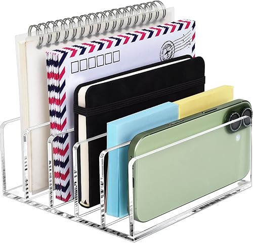 BEYGORM Soporte de correo acrílico, organizador de escritorio multifunción transparente con divisor, clasificador vertical de letras para