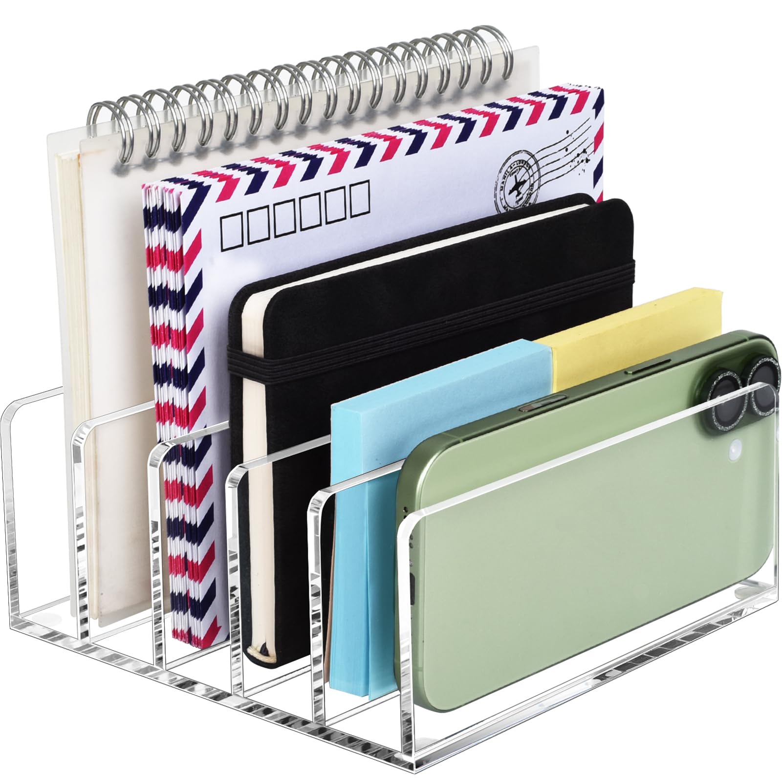 BEYGORM Acrylic Mail Holder, Clear Multifunction Desk Organizer with Divider, Vertical Letter Sorter for Desktop, 5 Compartments Modern Office Home Envelope Organizer for Bill, Document, Folder
