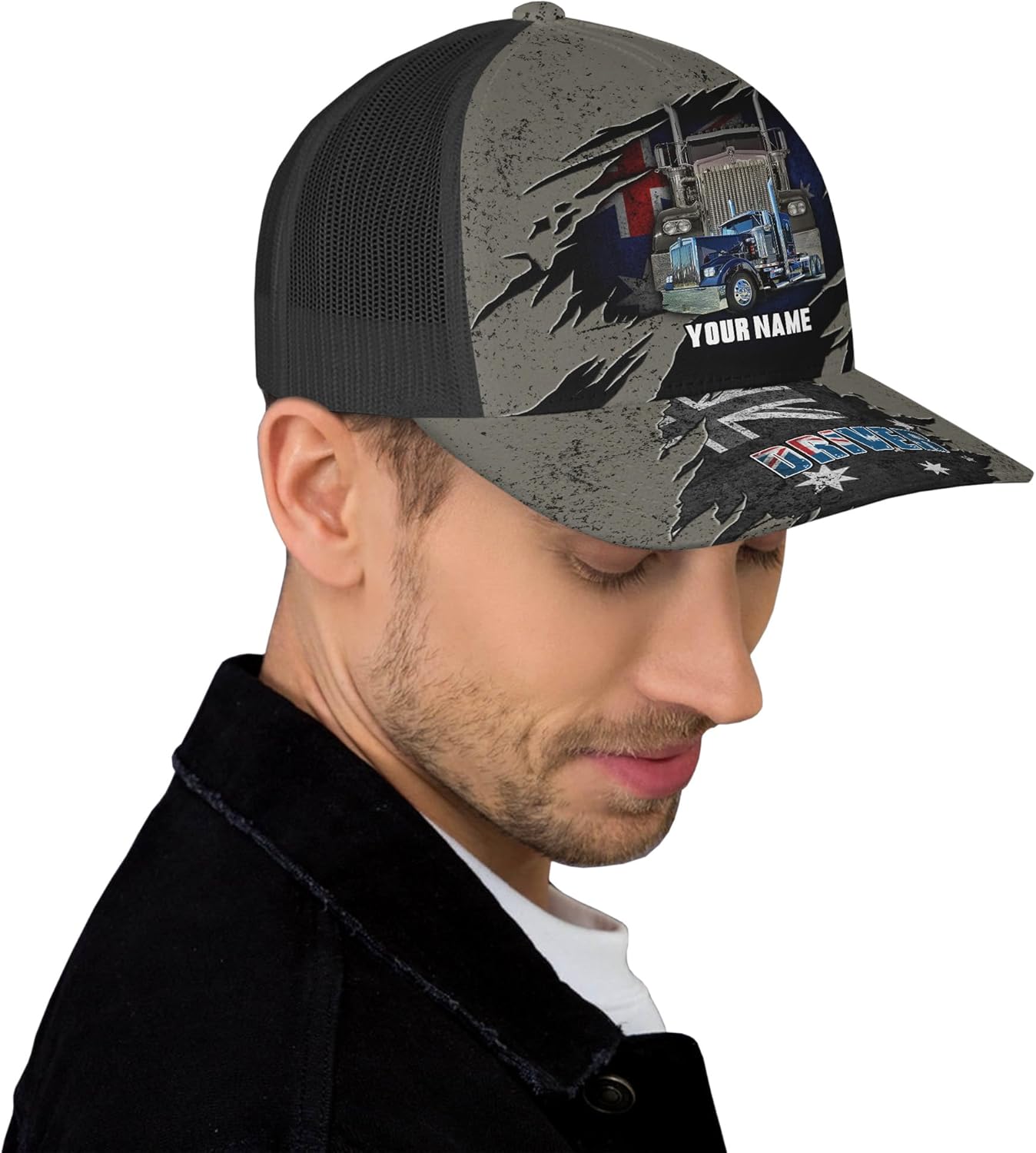 Printed Trucker Trucker Hat Customizable Vintage USA Flag and Leather Pattern Mesh Back Caps for Trucker Lover