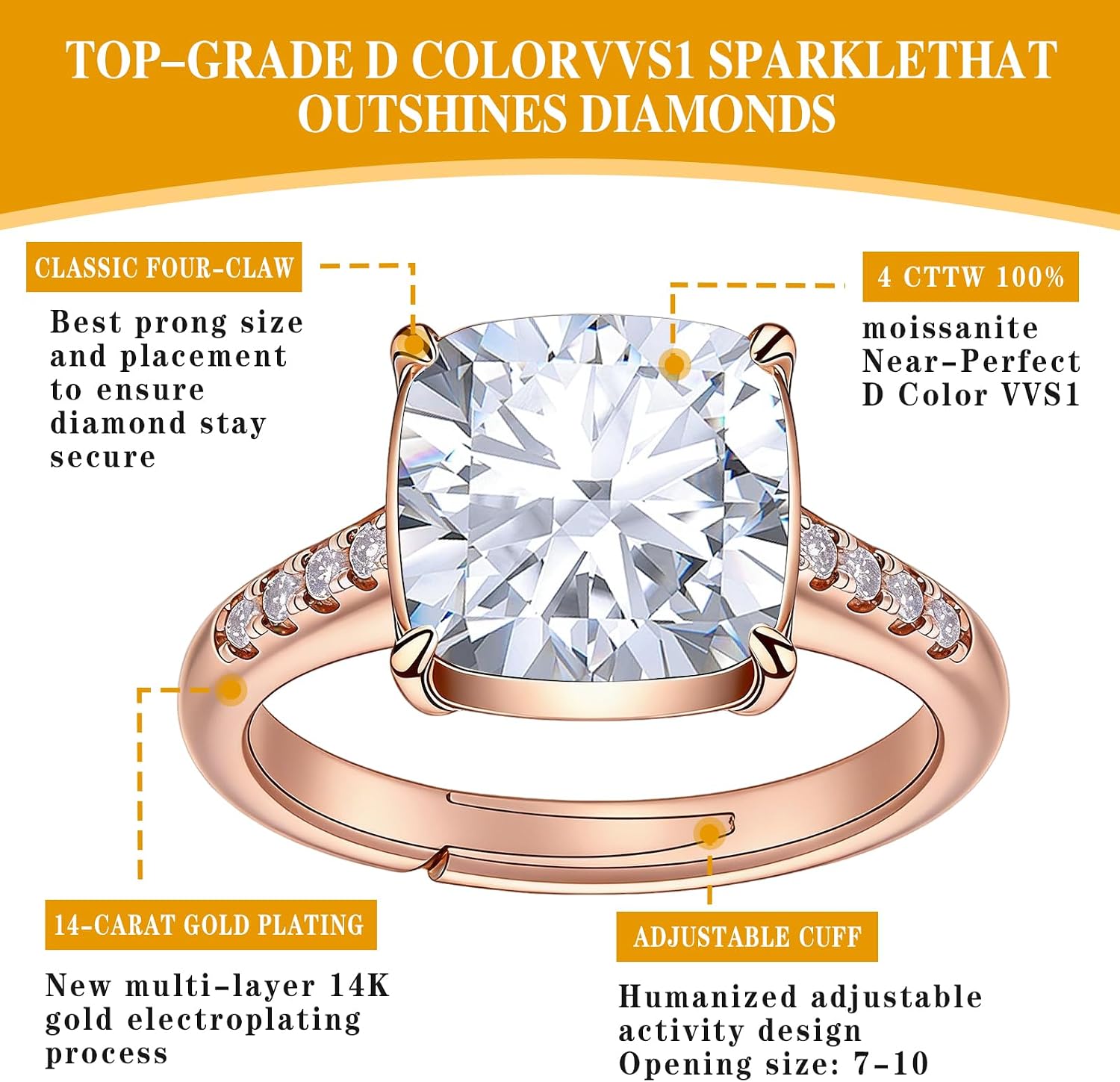 4 Carat Moissanite Engagement Ring for Women, Cushion Cut Wedding Ring
