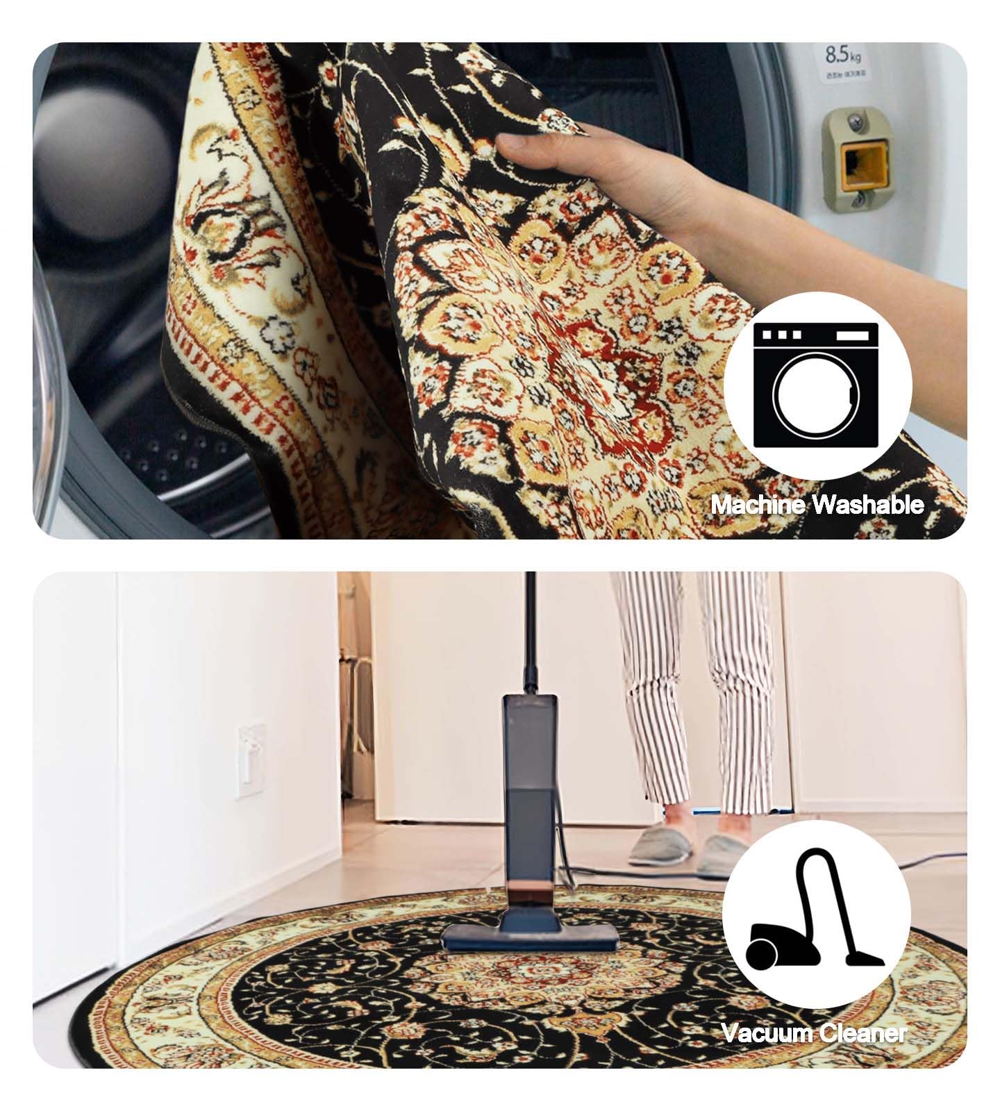 Betadistor Tapis rond mandala lavable en machine, 120cm / 4 ft, Bohème, Noir, 08120
