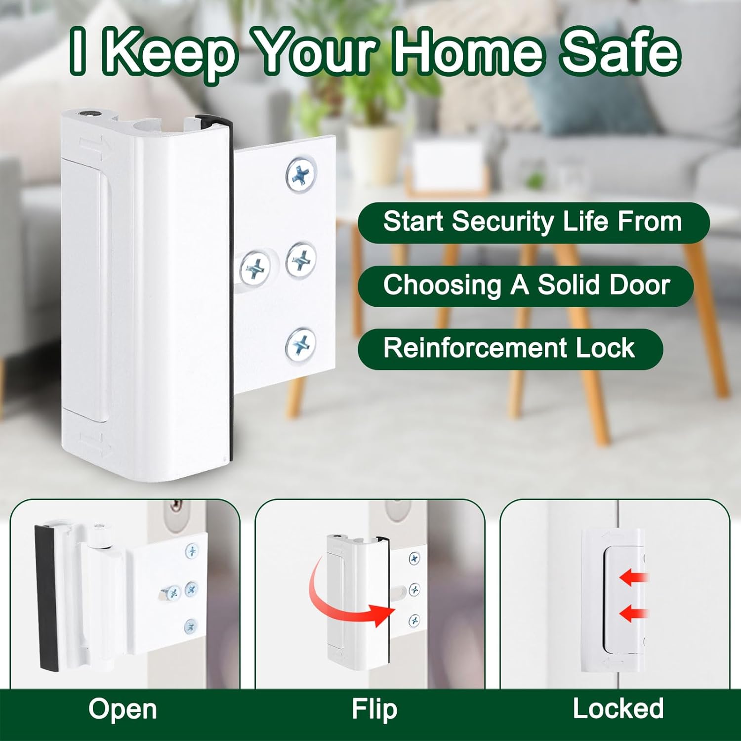 uxcell 4 Pack Home Security Door Lock, Door Reinforcement Lock 3 Inch Stop Withstand 800lbs, Front Door Kick in Security Protector for Inward Swinging Door, White